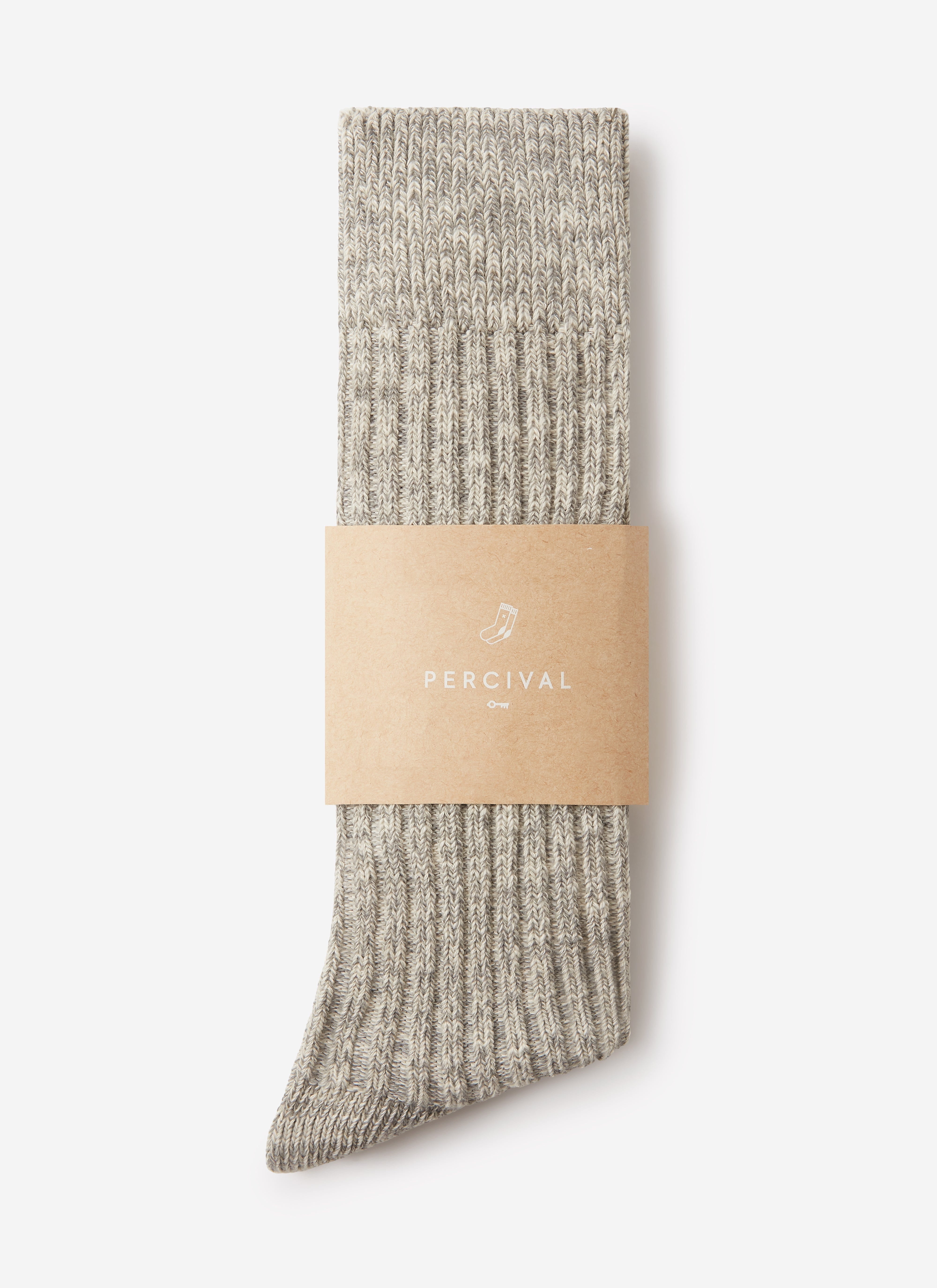 A pair of Percival's grey marl ribbed cotton socks, folded and held together with branded cardboard packaging.