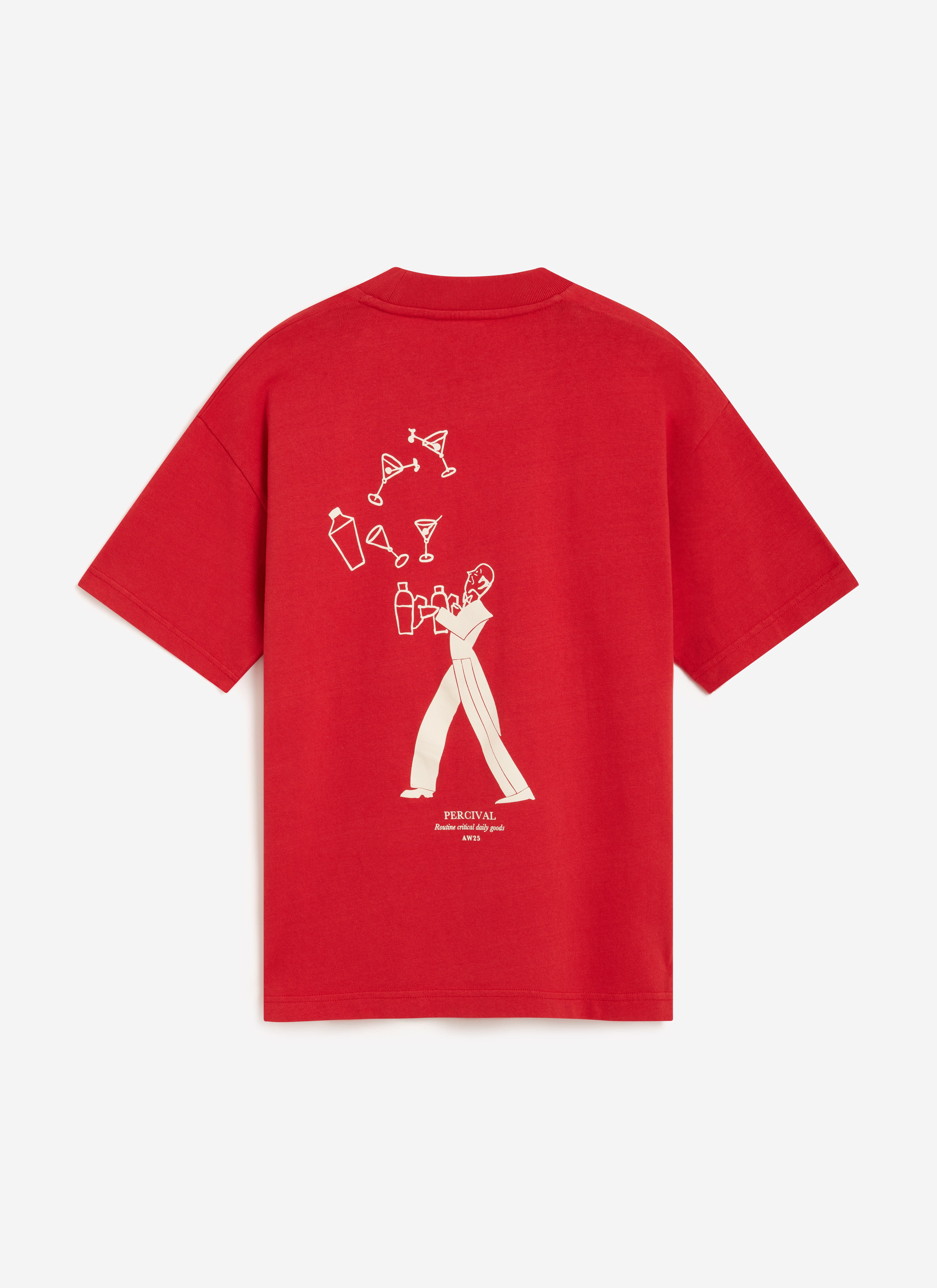 The red Martini organic cotton t-shirt by Percival, with a white embroidered bartender graphic on the back.