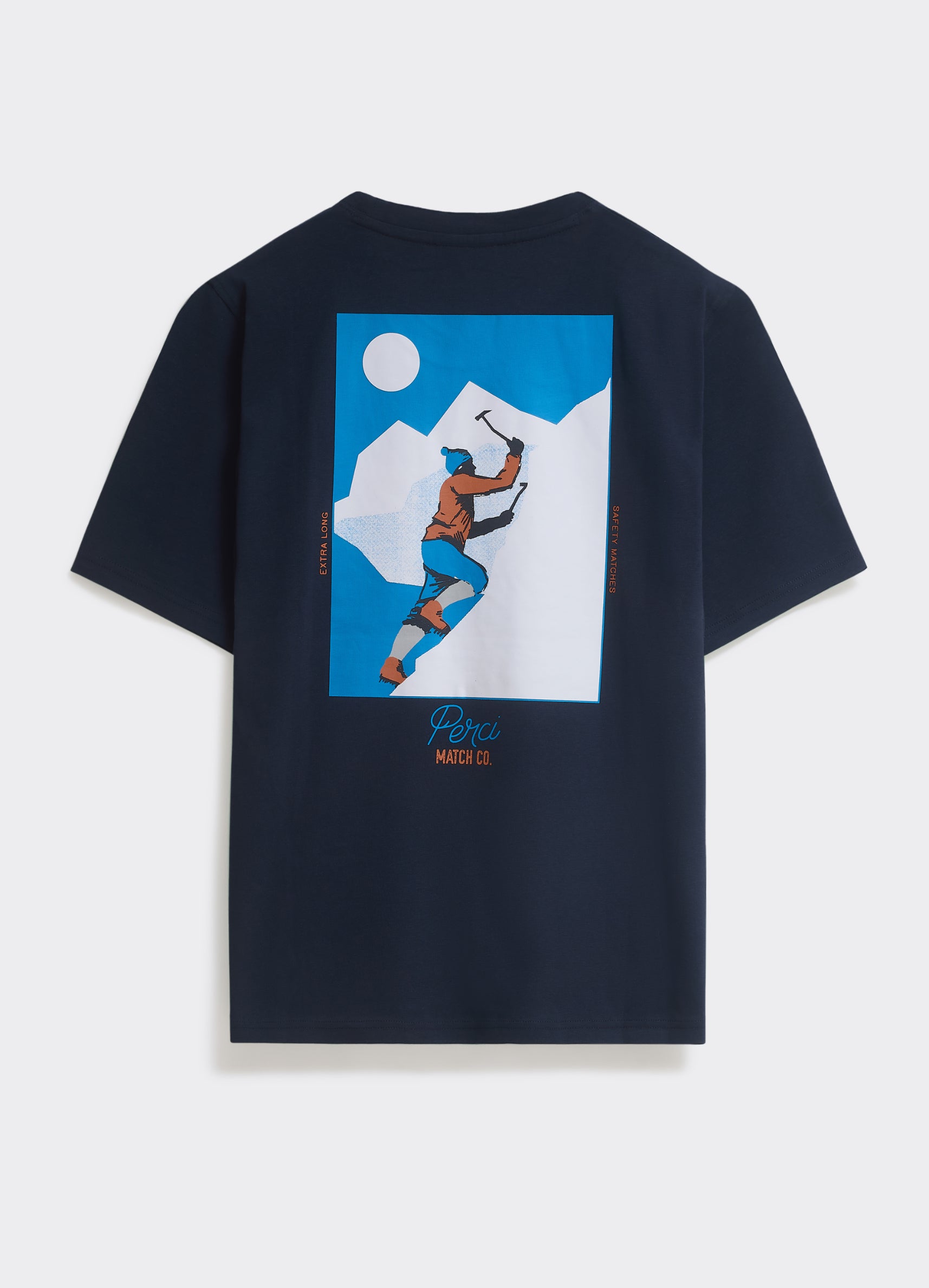 The Percival Match T-shirt in navy, featuring a retro mountain climber back graphic on soft cotton jersey.