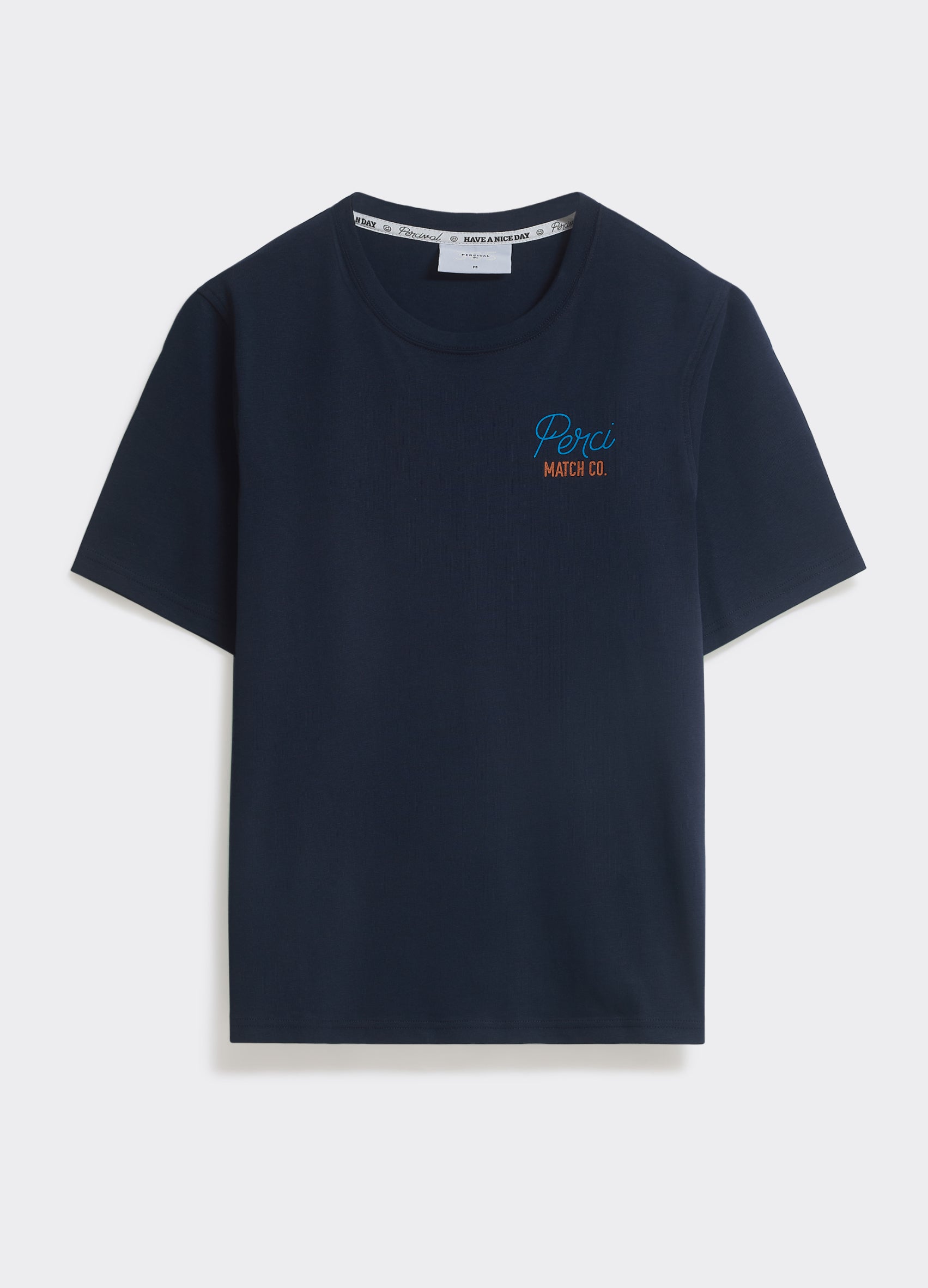 The navy Percival Match T-shirt in breathable jersey with a chest logo, shown flat against a grey background.