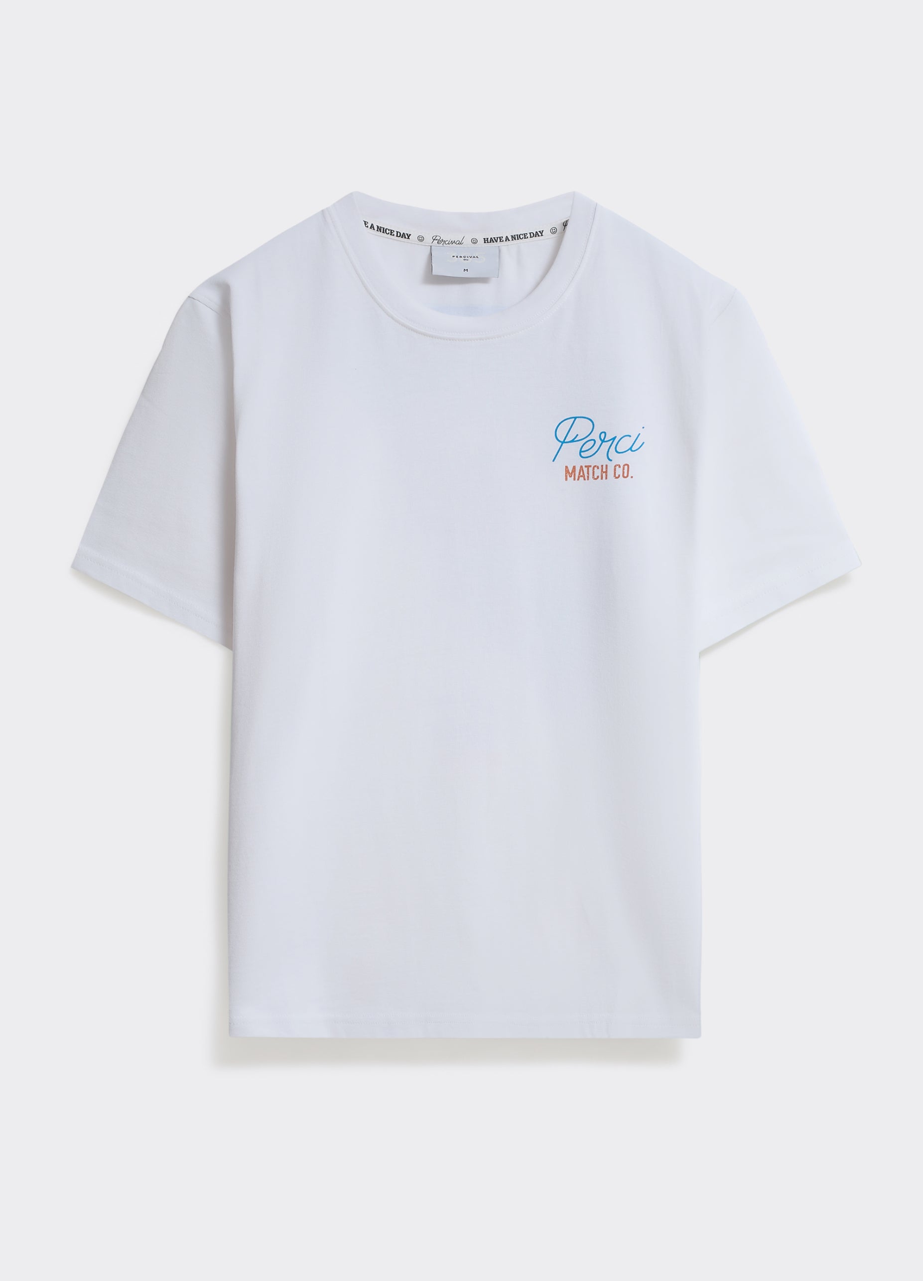 The Percival Match T Shirt in optic white, a midweight jersey tee with a small chest print on a white background.
