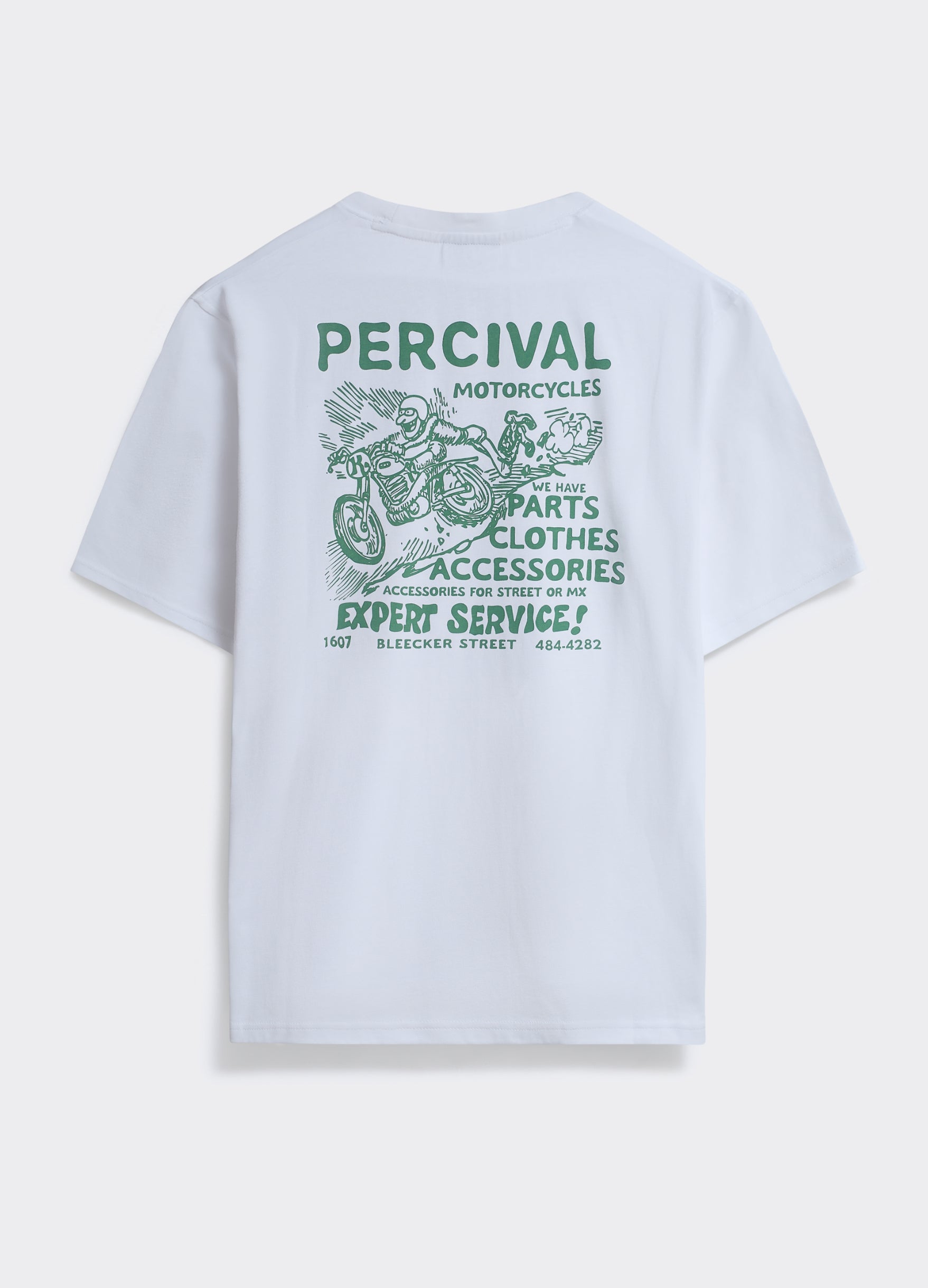 White cotton Percival Motorbike T-shirt, featuring a vintage racing-green garage graphic on the back.