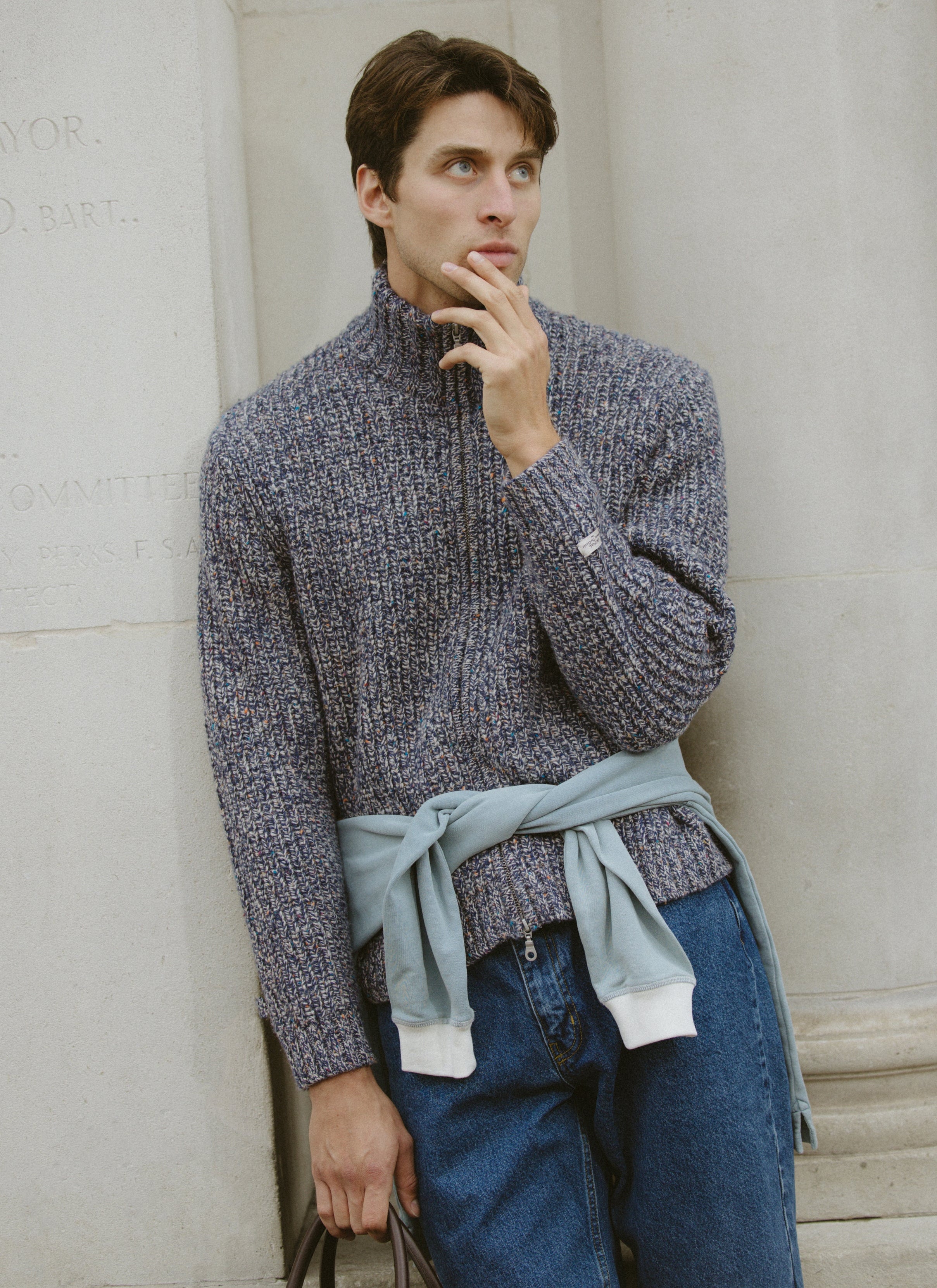 Men's Fisherman Zip Cardigan | Alpaca Wool | Blue Fleck | Percival
