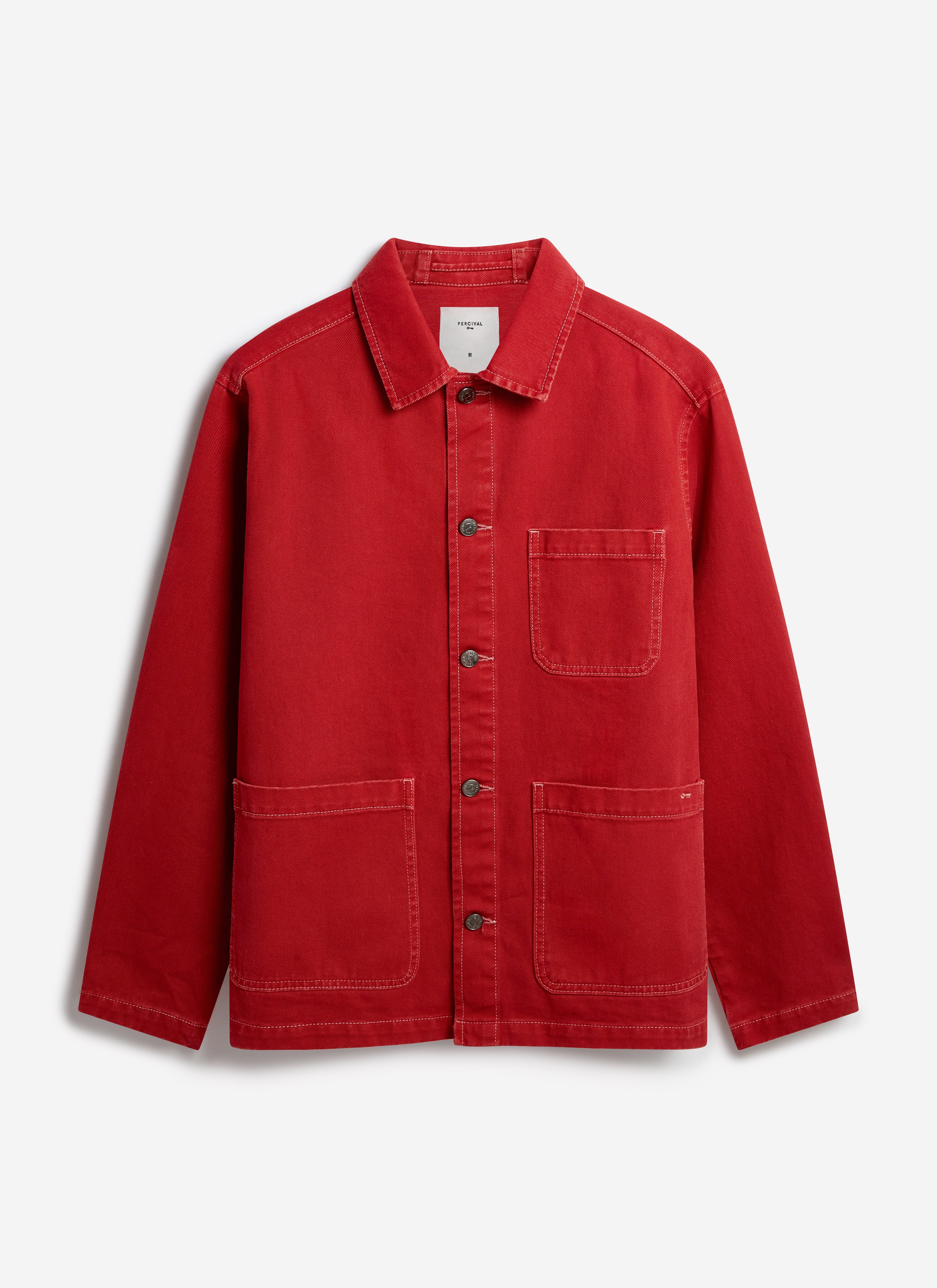 Percival red cotton canvas Oliver chore jacket featuring a collar, button-through front and workwear patch pockets.