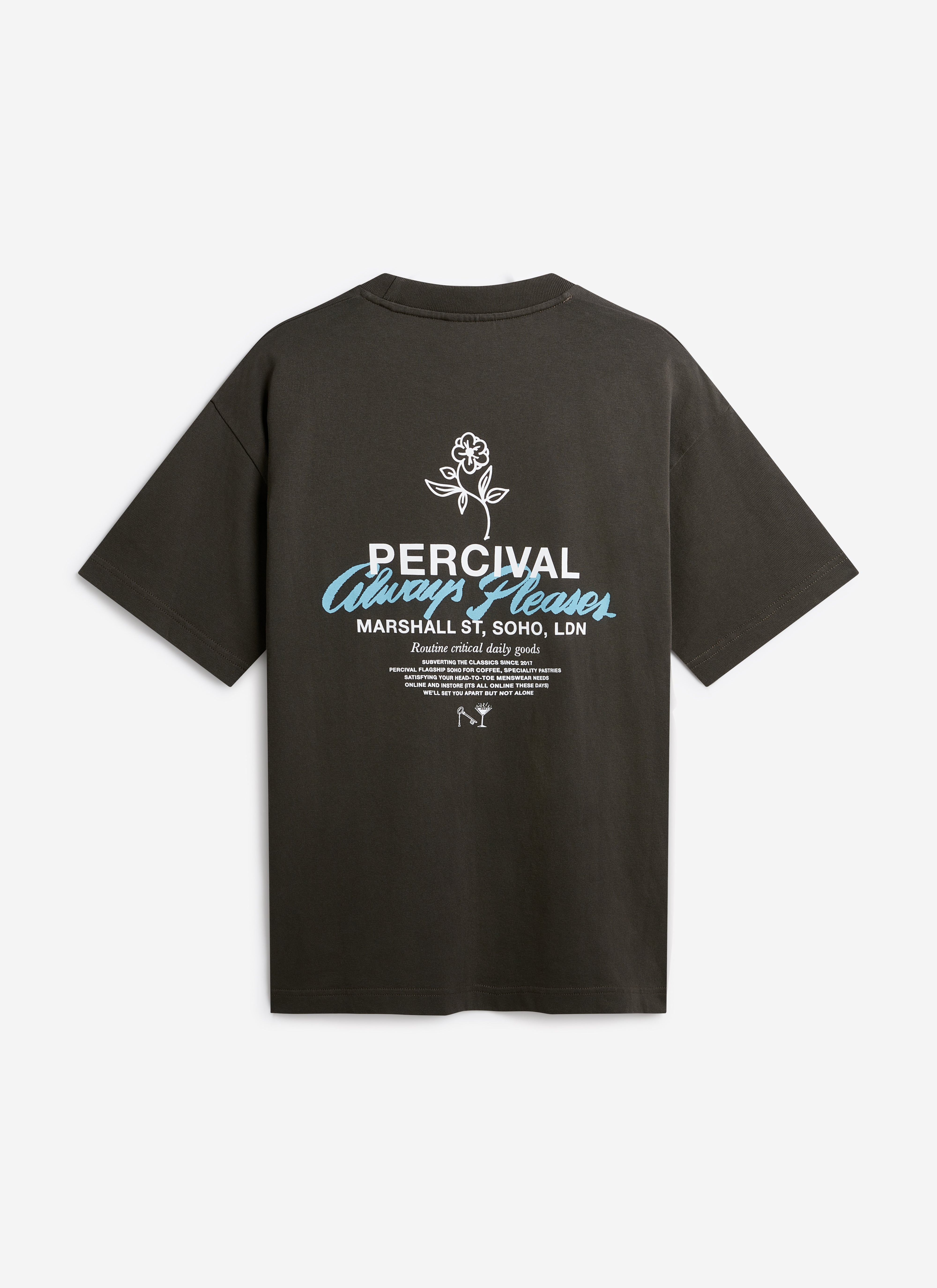 Charcoal Percival Otto oversized organic cotton T-shirt, shown from the back with a floral and collegiate lettering graphic.