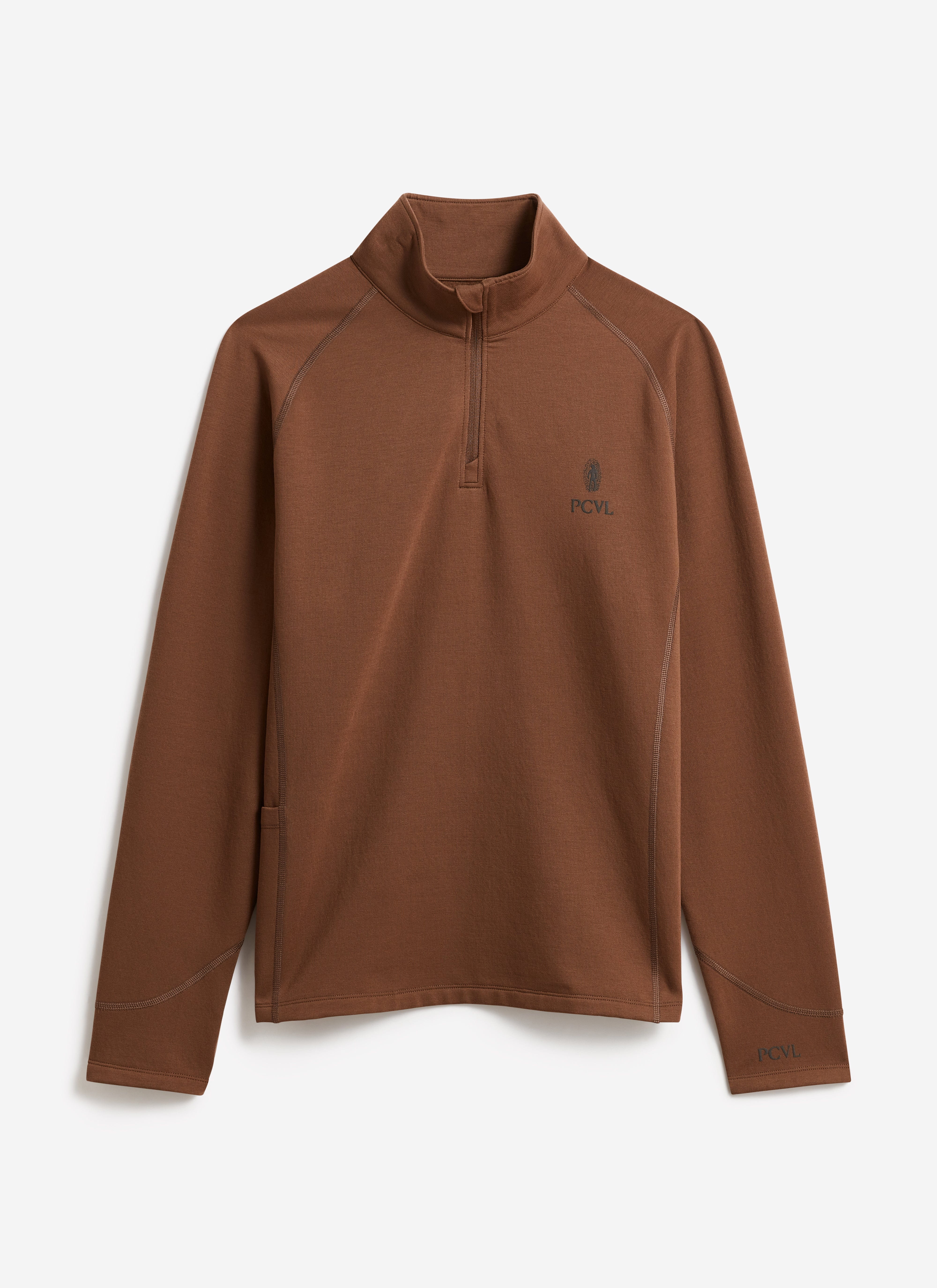 A flat lay of the Percival PCVL Base Layer Quarter Zip Jacket in rust, showing the funnel neck and tonal chest branding.
