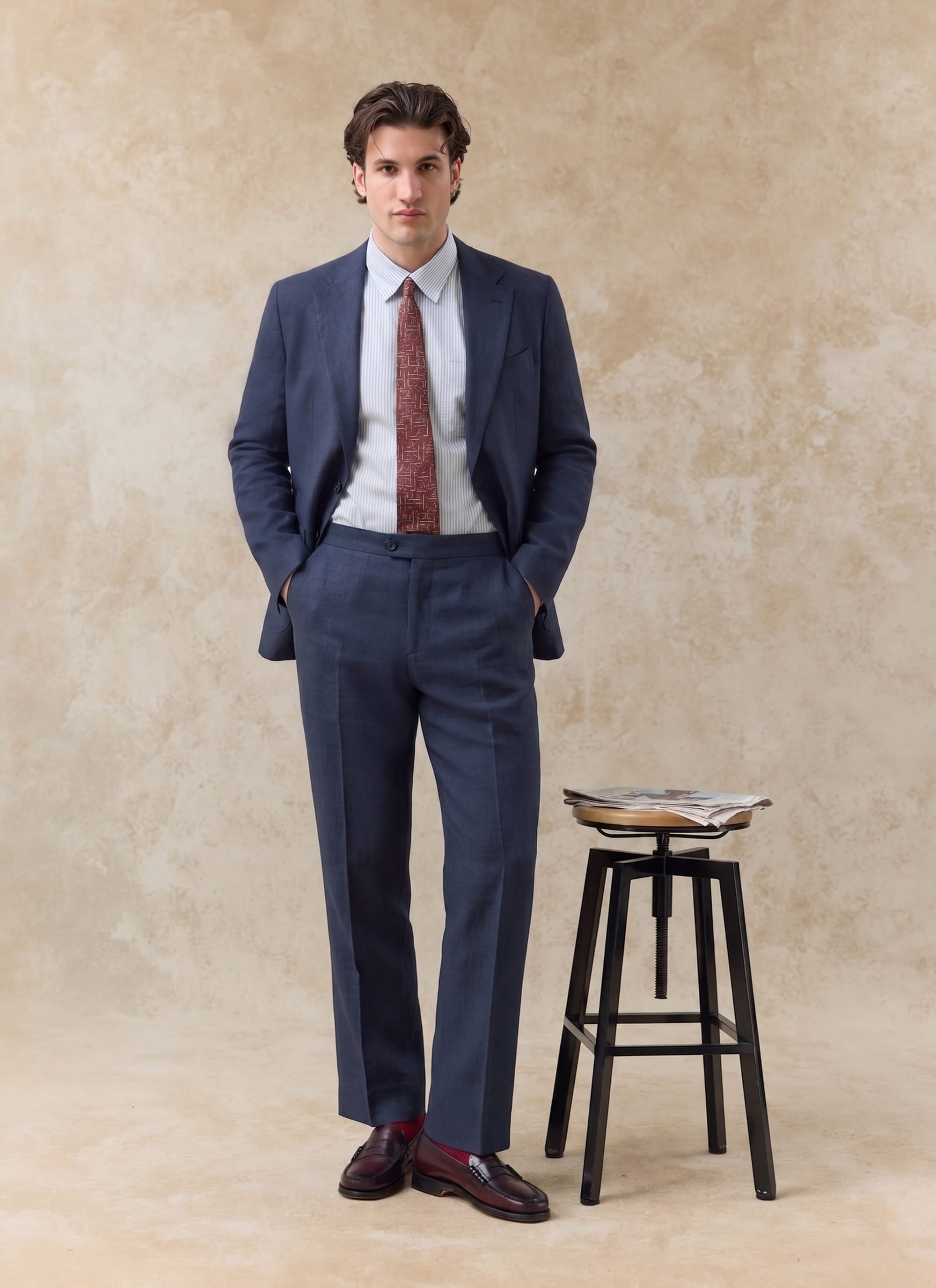 Tailored navy linen trousers and matching blazer by Percival, styled with a striped shirt for a refined summer look.