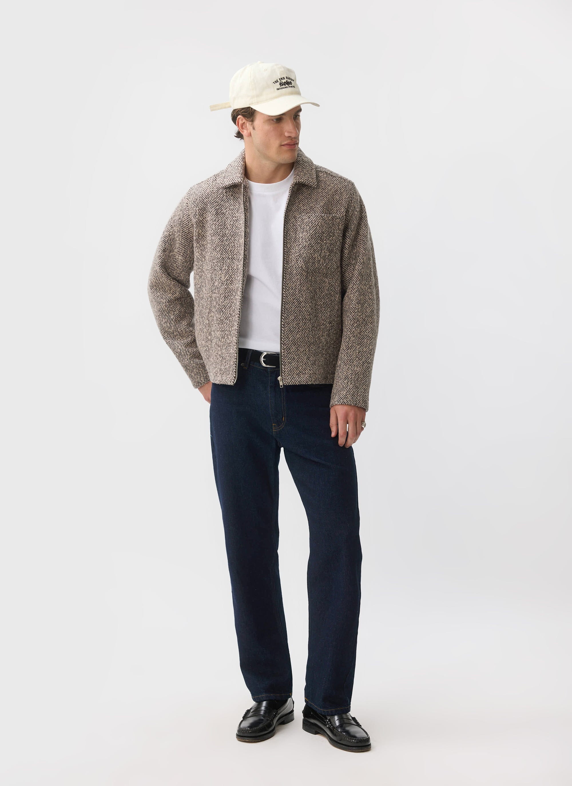 Men's Herringbone Zip Up Jacket | Wool | Ecru Cream | Percival