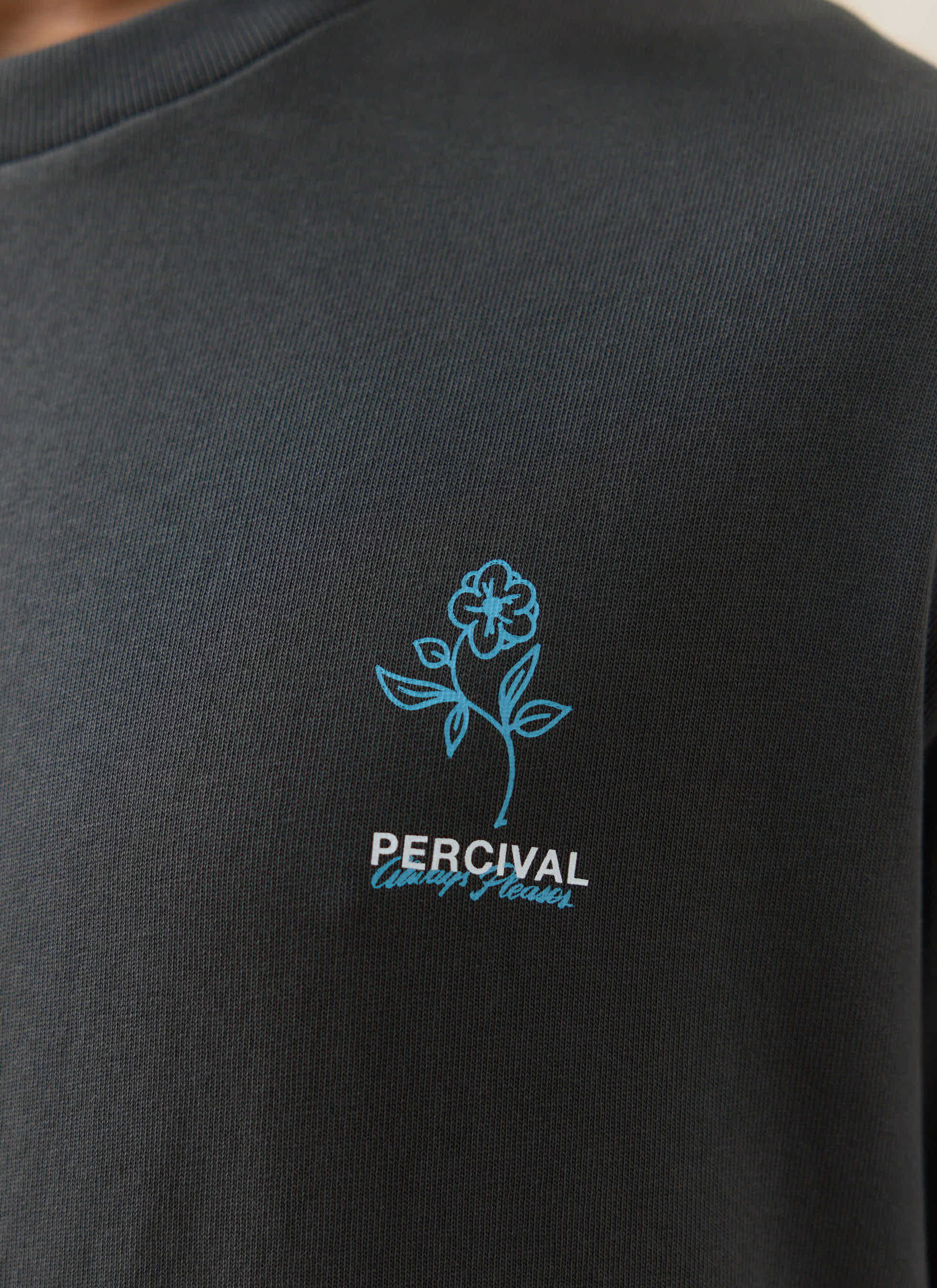 Close-up of the blue flower and logo chest graphic on the charcoal grey organic cotton Percival Otto Oversized T Shirt.