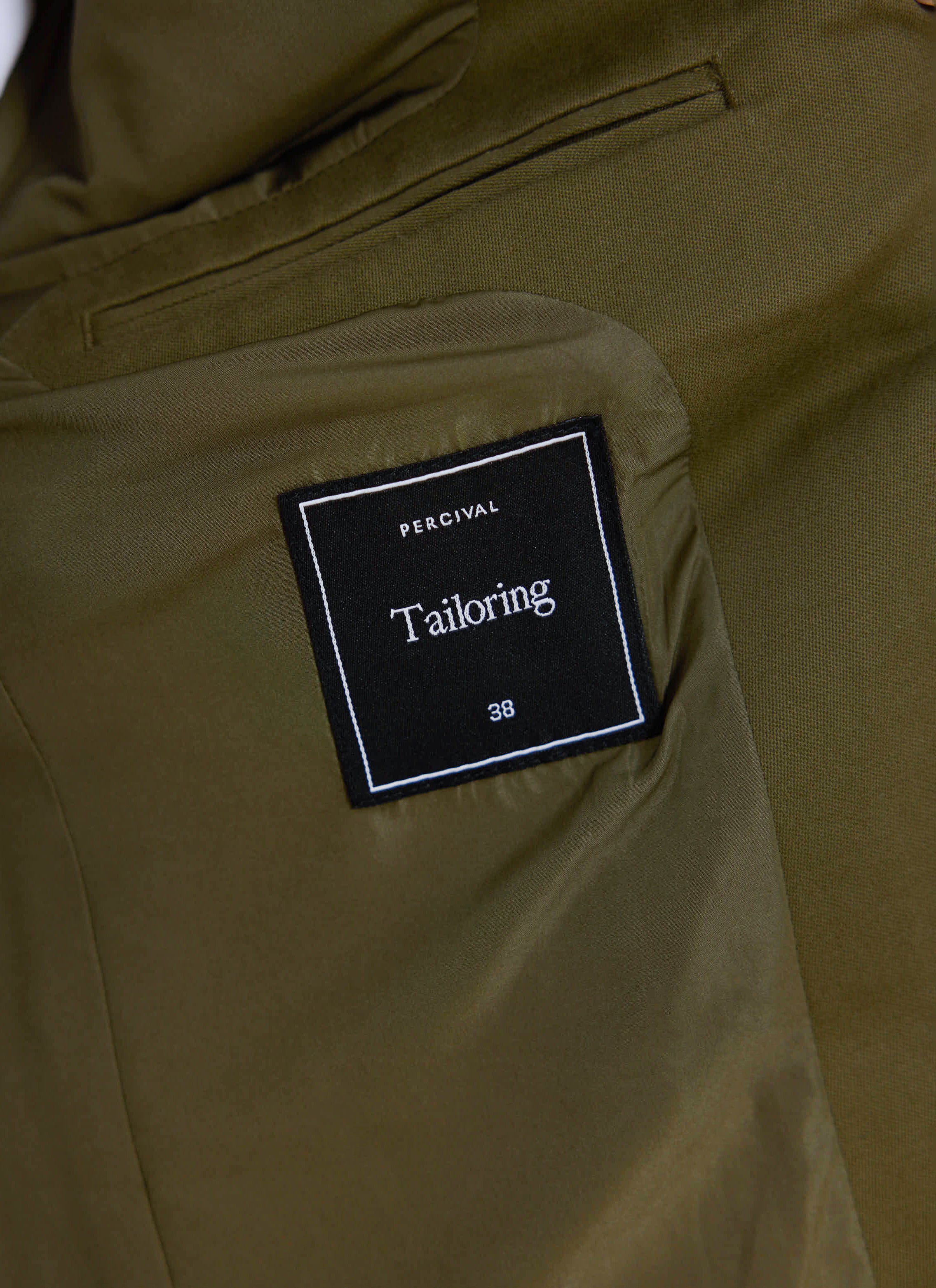 Percival Tailored Blazer in Forest Brushed Moleskin internal label showing size 38.