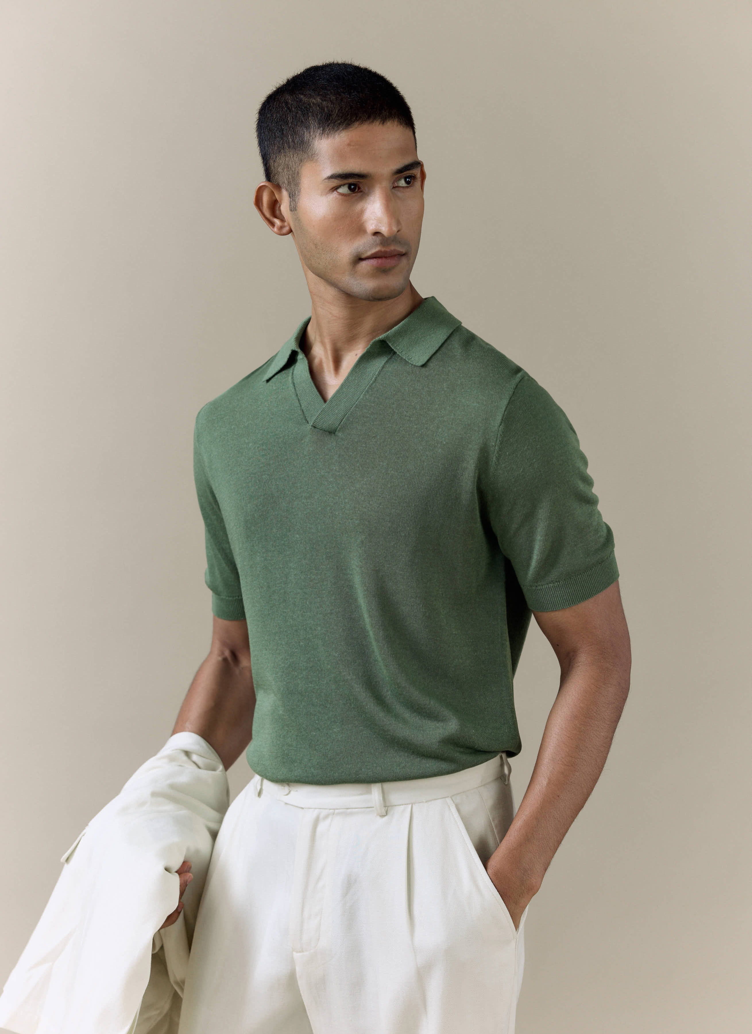 Men's Knitted Polo Shirt: Laurence | Open Collar | Forest Green