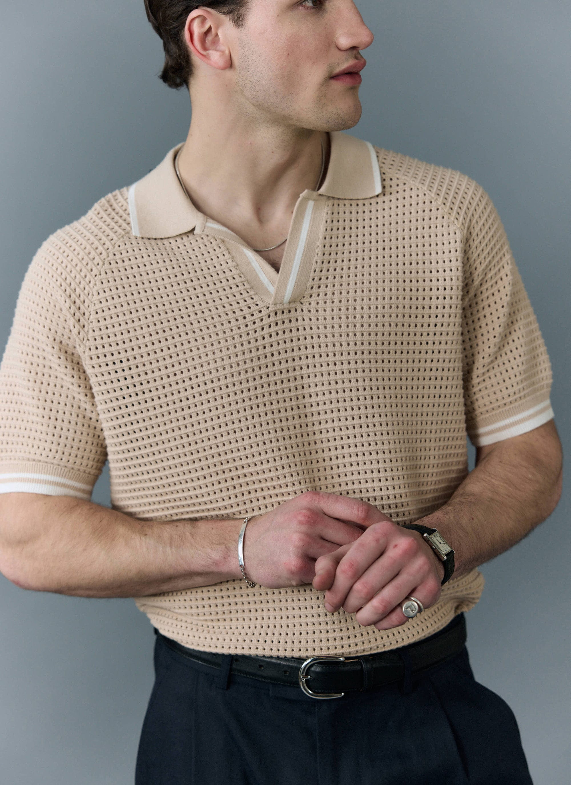 Men's Tennis Knit Polo Shirt | Cotton | Ecru Cream | Percival Menswear