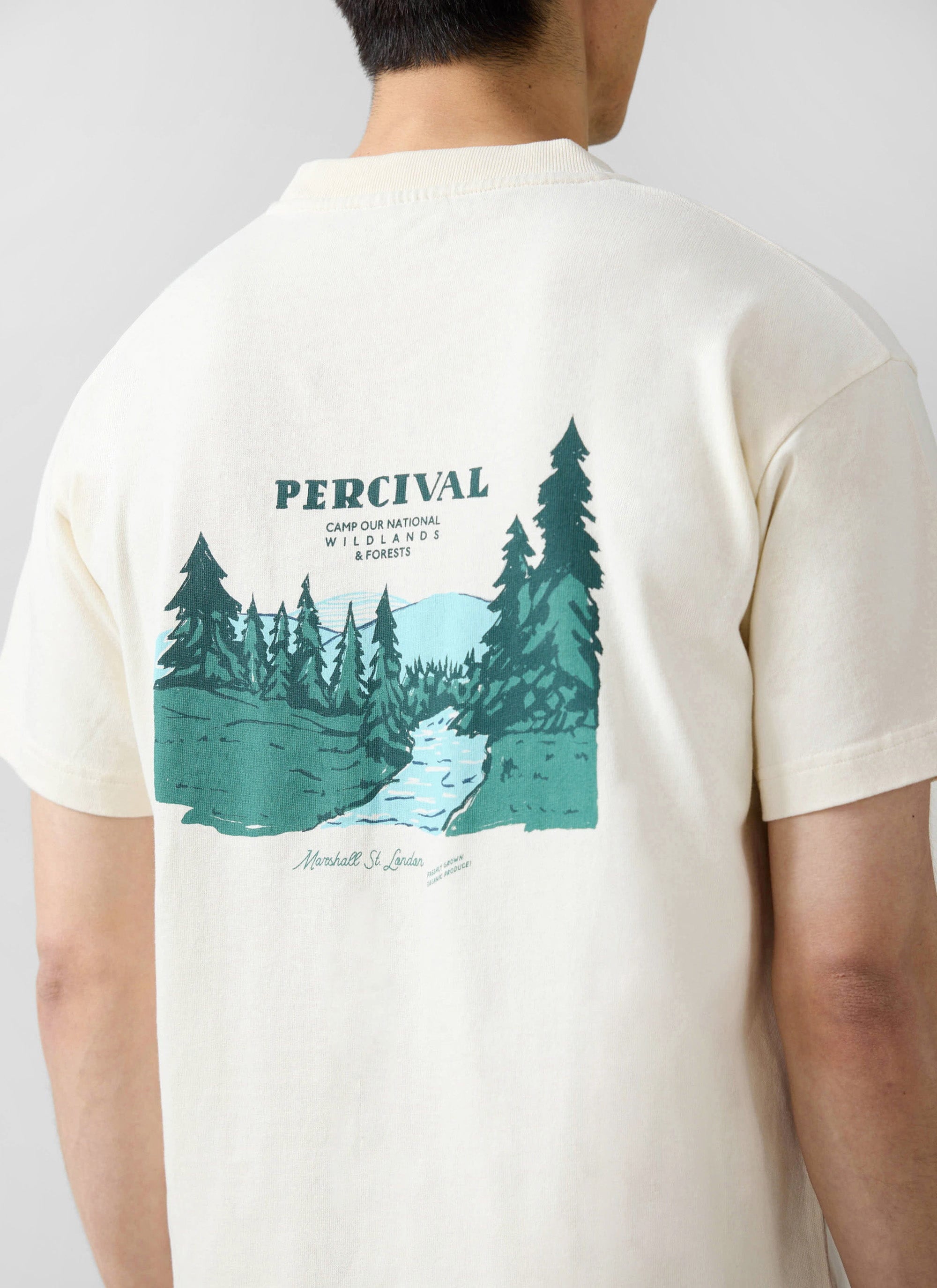 The back of a model wearing the ecru Wildlands Oversized T-shirt from Percival, featuring a green forest and river graphic.