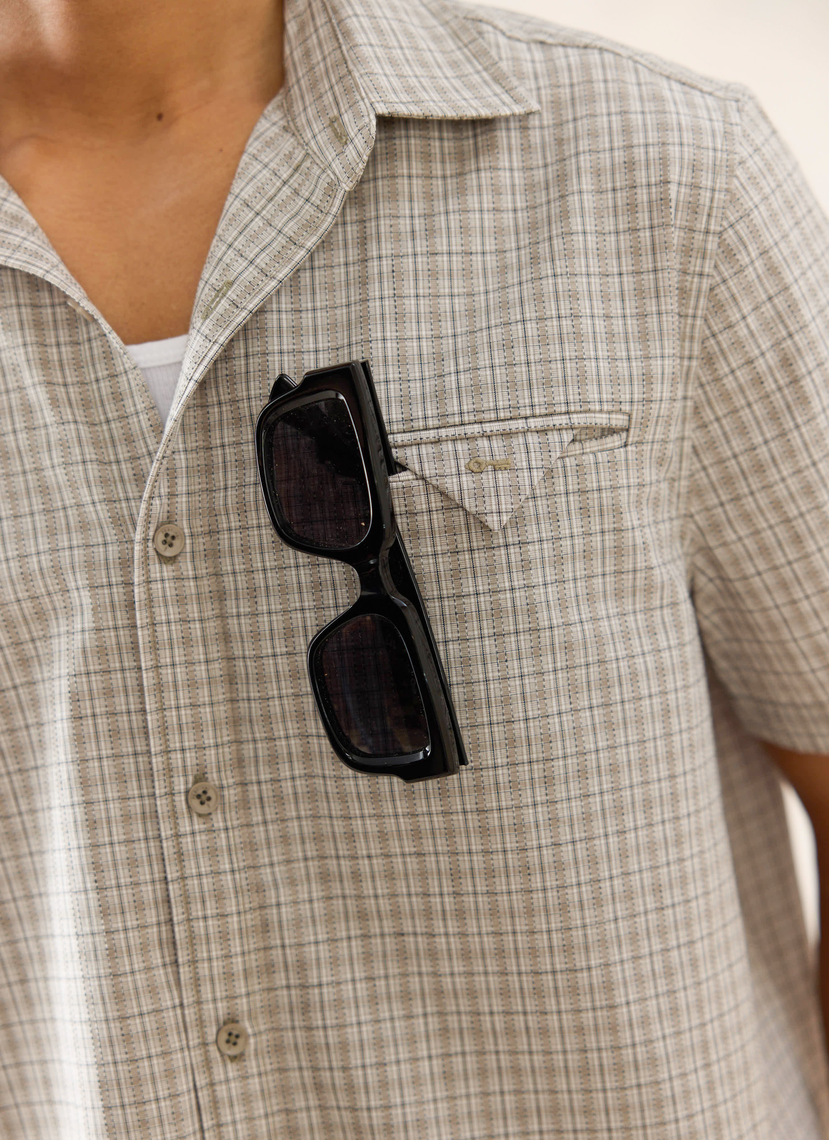 Percival Hinsley Boxy Short Sleeve Shirt in cream check cotton, detailed with a signature embroidered key on the pocket.