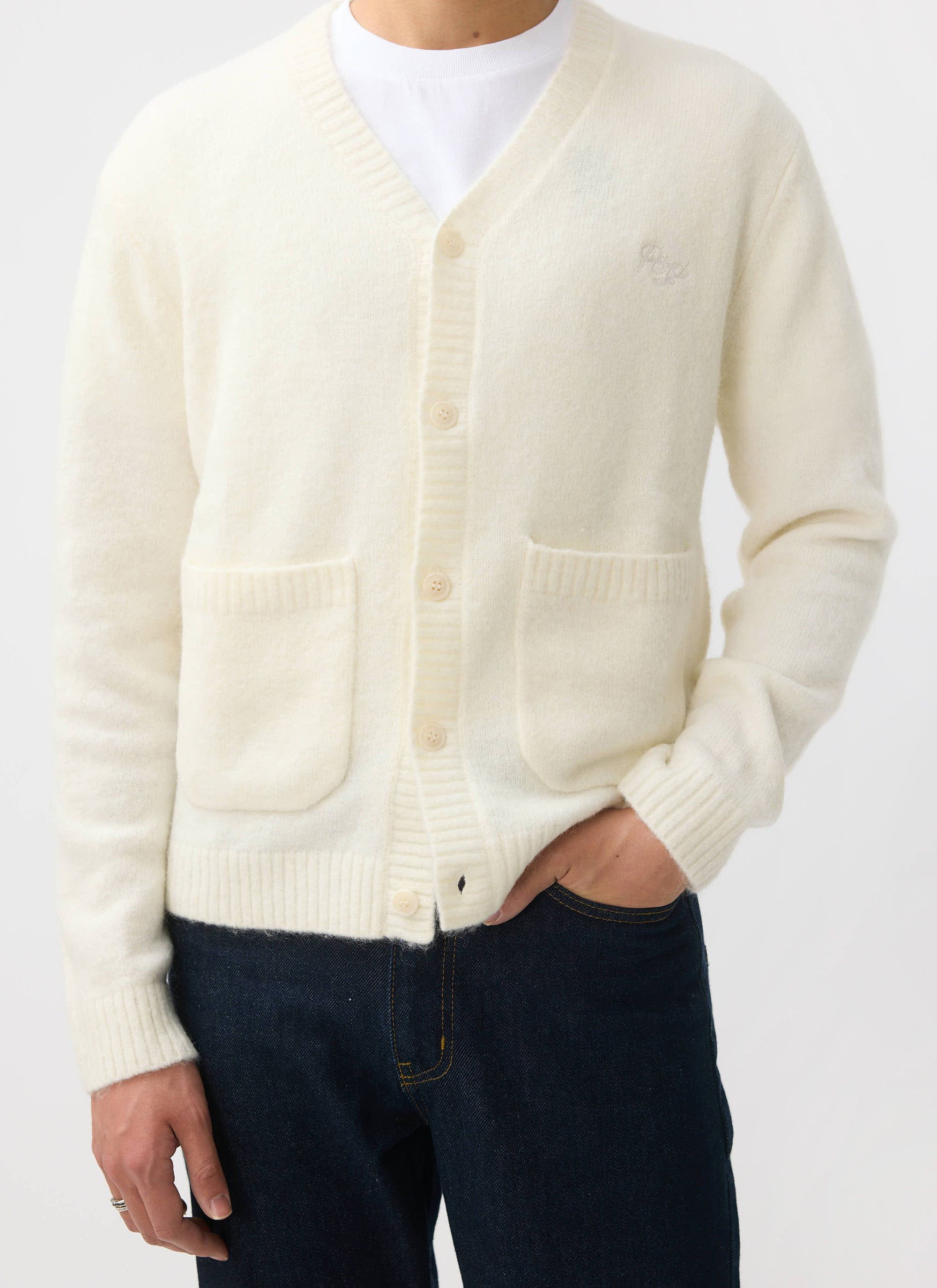 Men's Cream Mohair Cardigan | White Glove | Percival Menswear