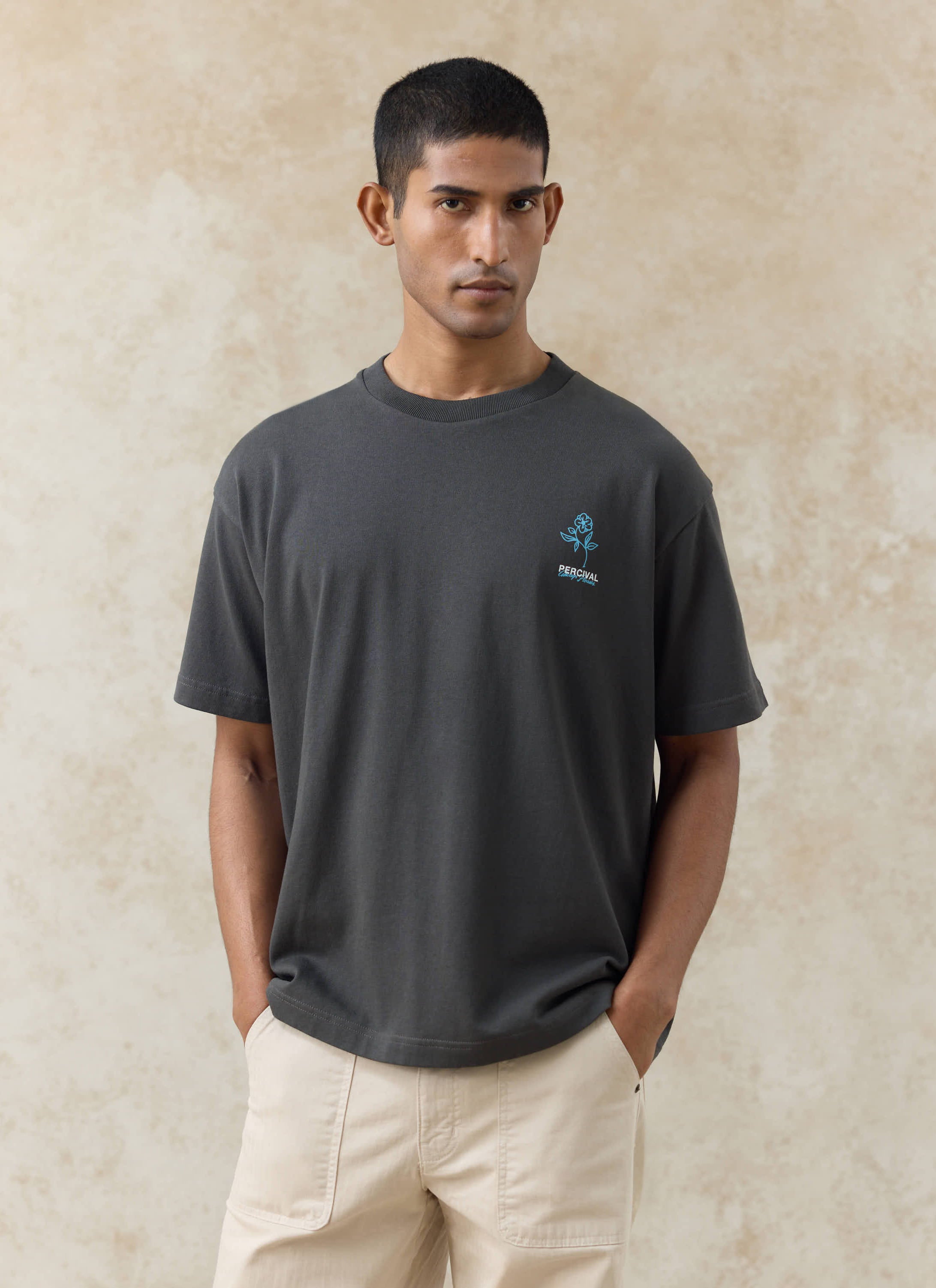 Charcoal Otto Oversized T Shirt by Percival in organic cotton, featuring a blue flower chest graphic.