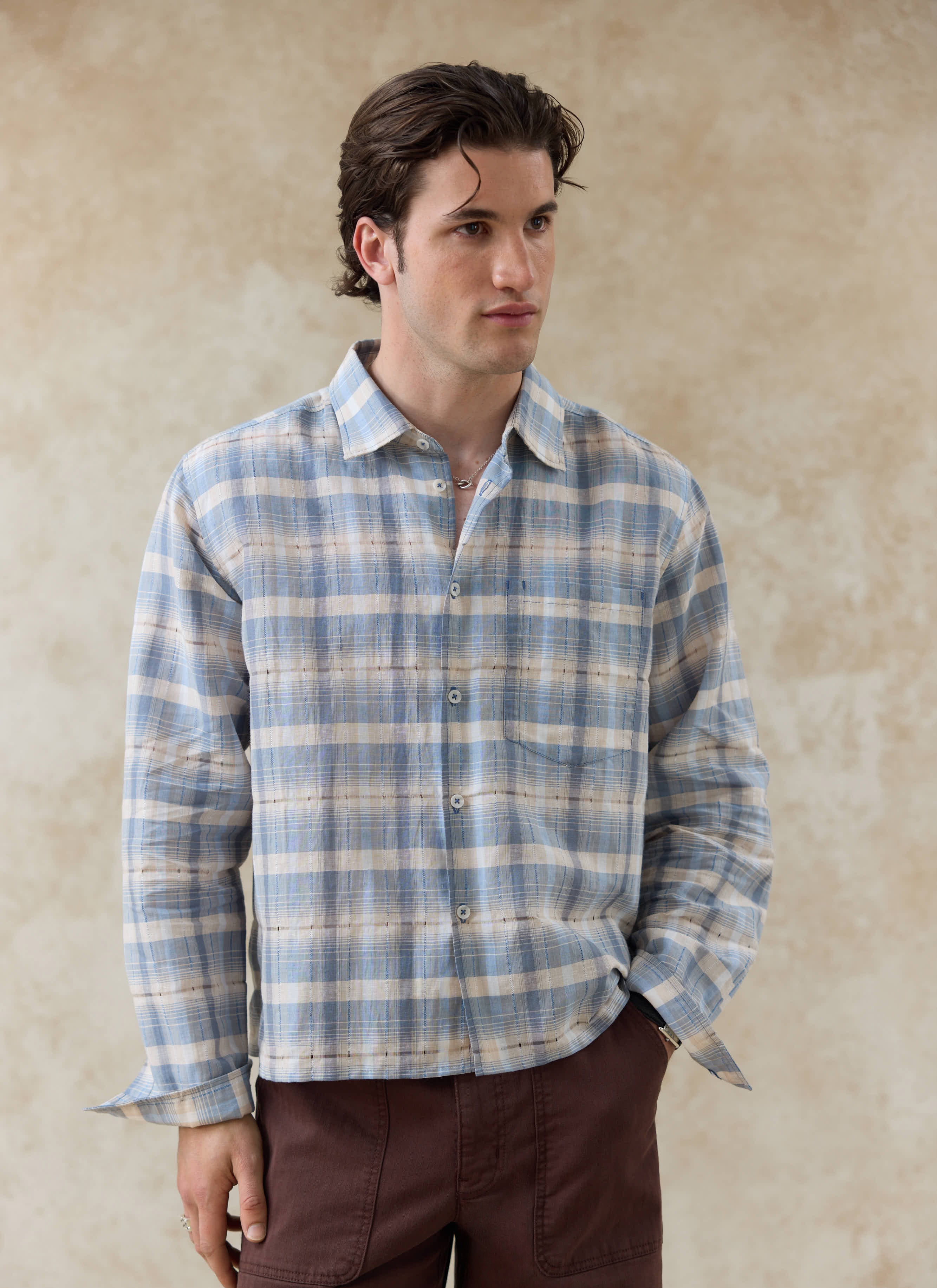 Men's Check Shirt | Jesse | Linen Blend | Light Blue | Percival
