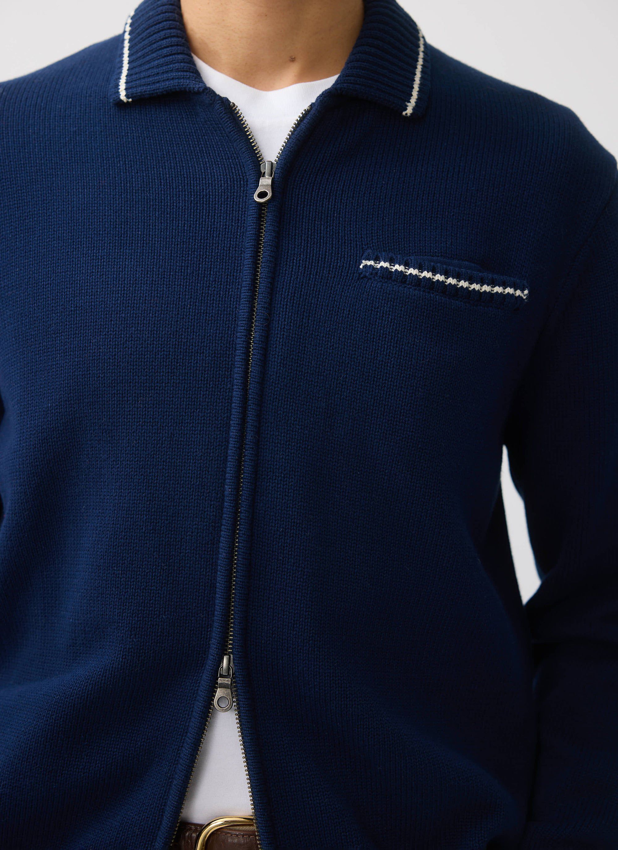 Men's Knitted Zip Up Cardigan | Cotton | Navy Blue | Percival Menswear
