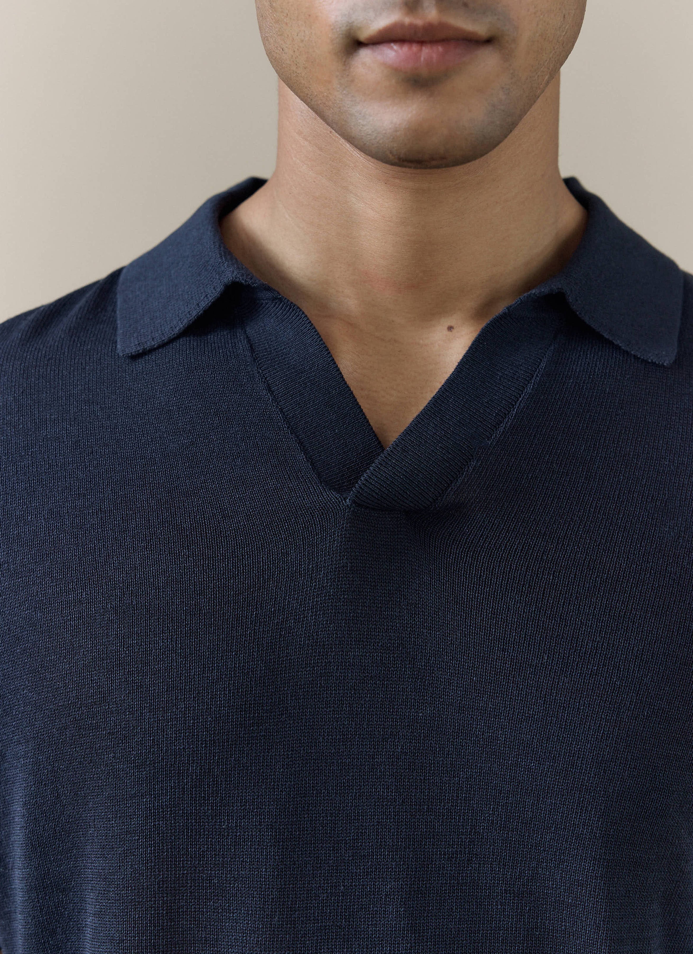 Men's Knitted Polo Shirt: Laurence | Open Collar | Navy Blue
