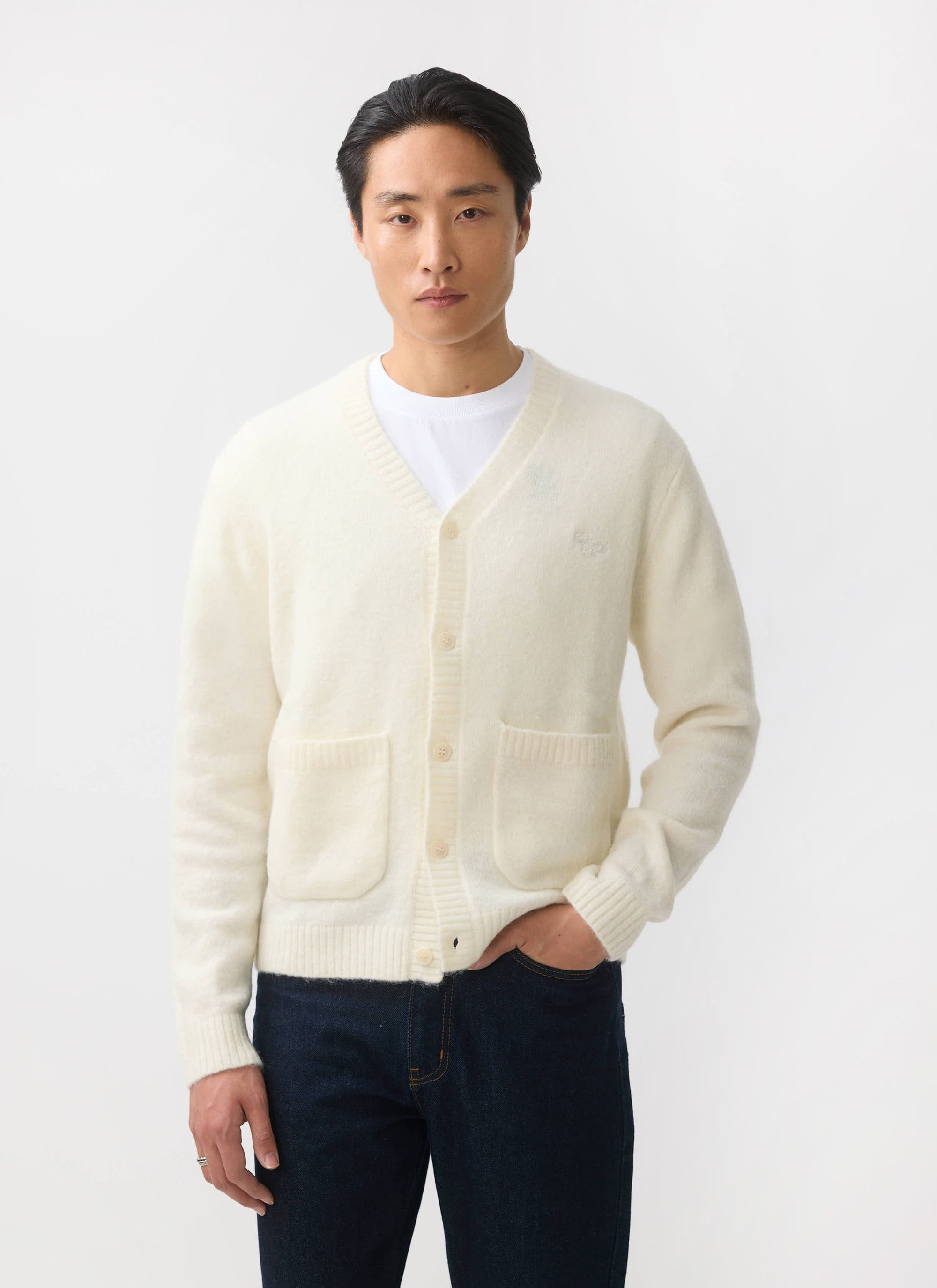 Men's Cream Mohair Cardigan | White Glove | Percival Menswear