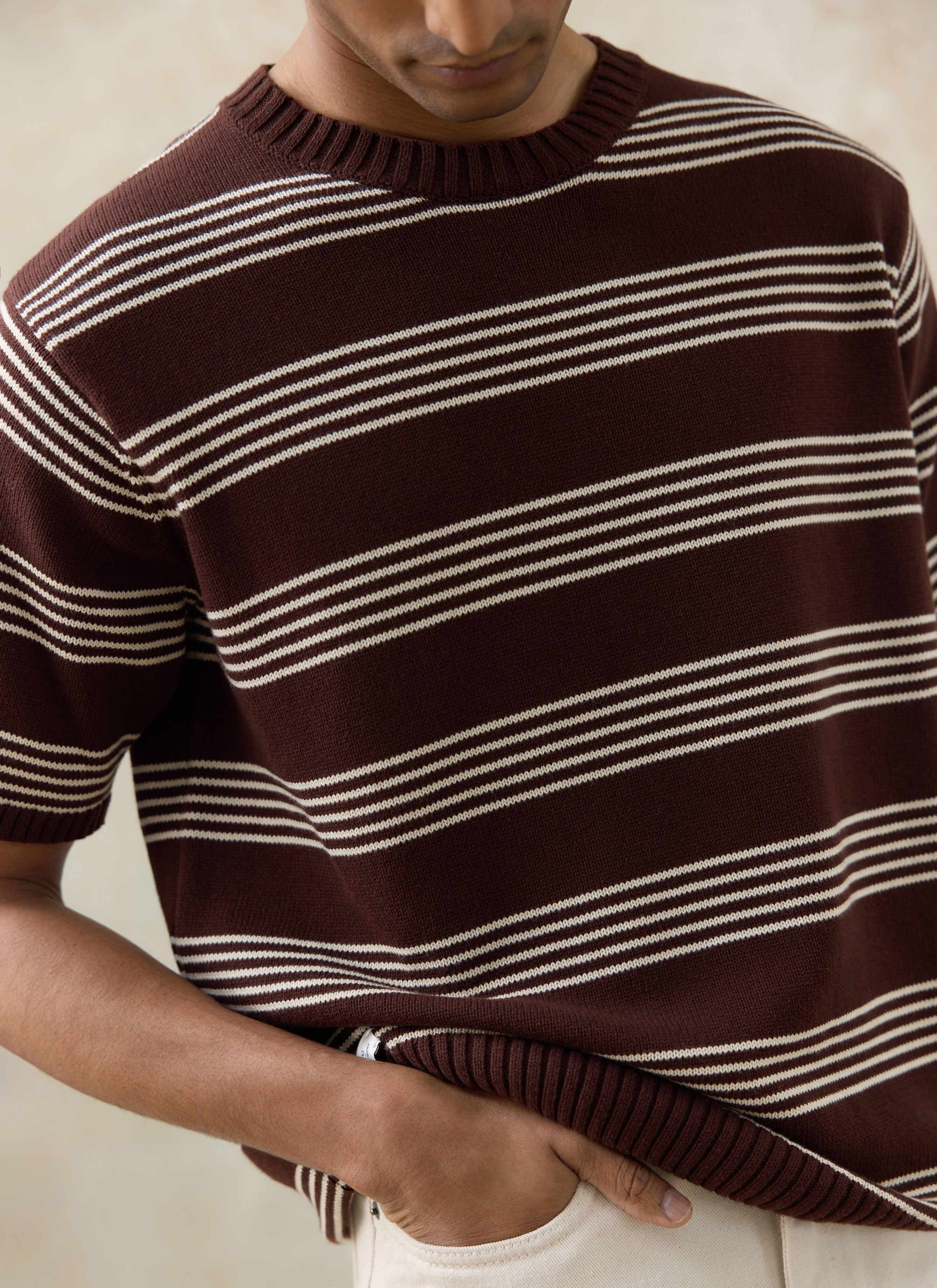 Percival Fiction knitted t-shirt in espresso brown cotton with clean ecru stripes and a ribbed crew neck.