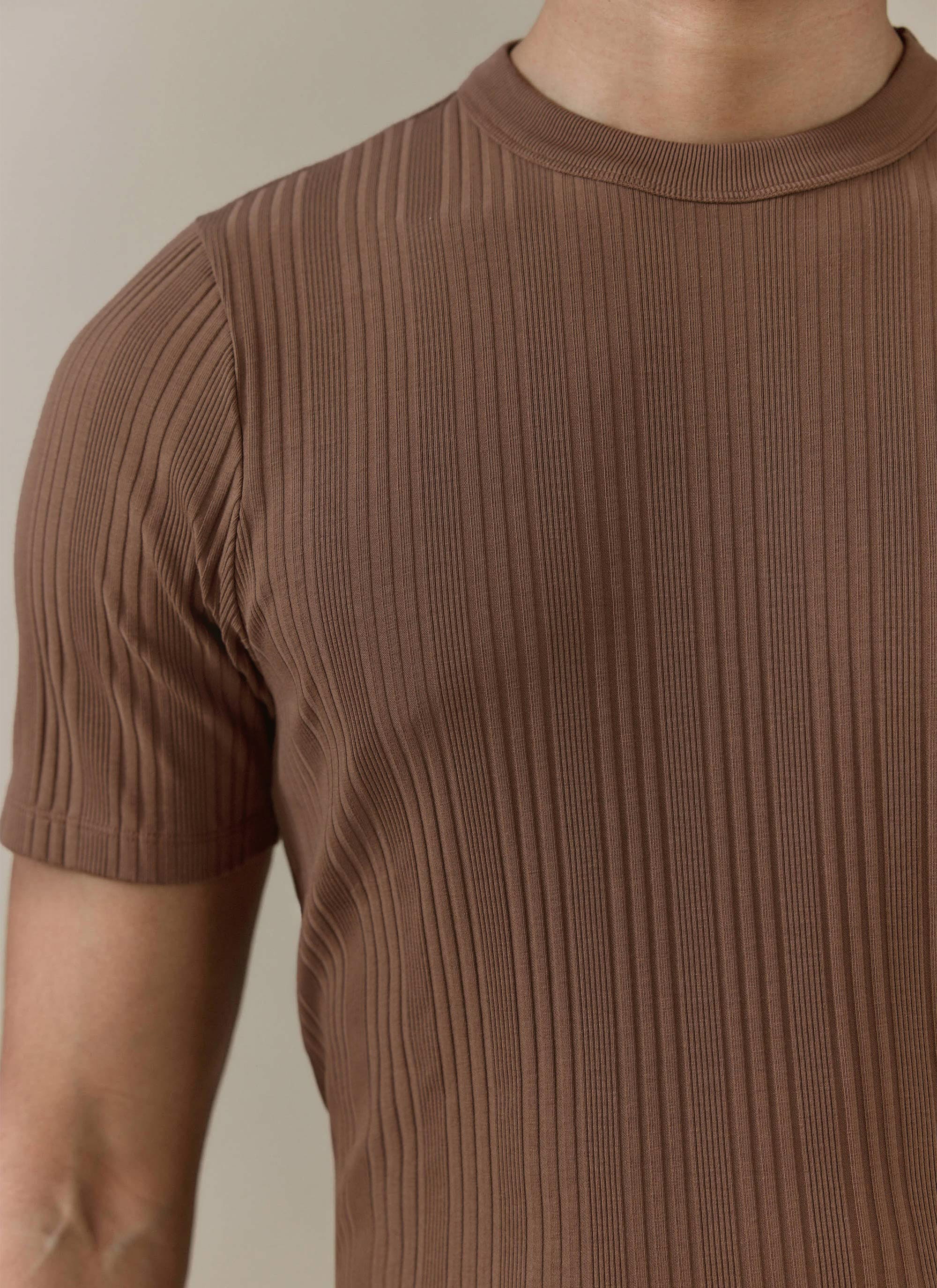 Detail shot of the espresso brown Percival Leon Slim Ribbed T Shirt, highlighting the organic cotton vertical ribbing.