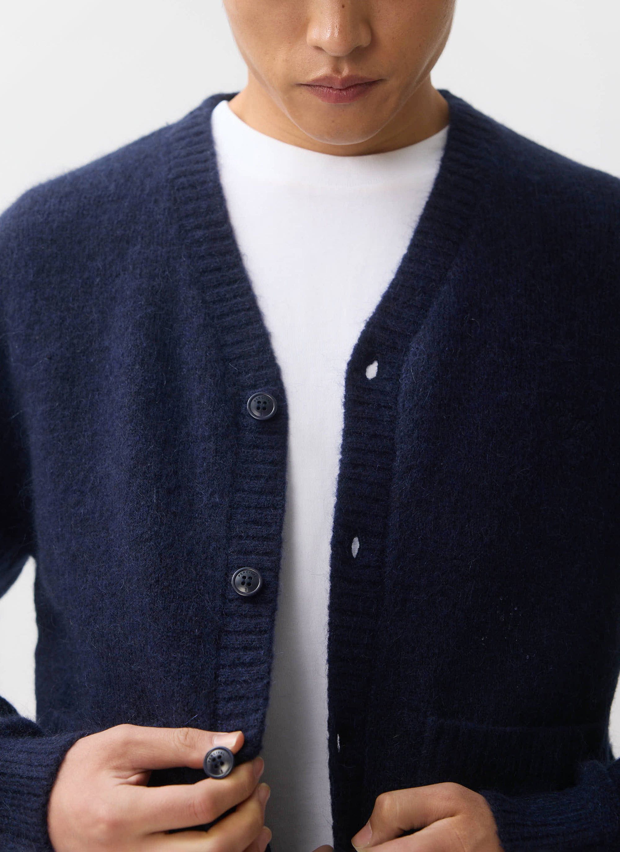 Men's Navy Mohair Cardigan | White Glove | Percival Menswear