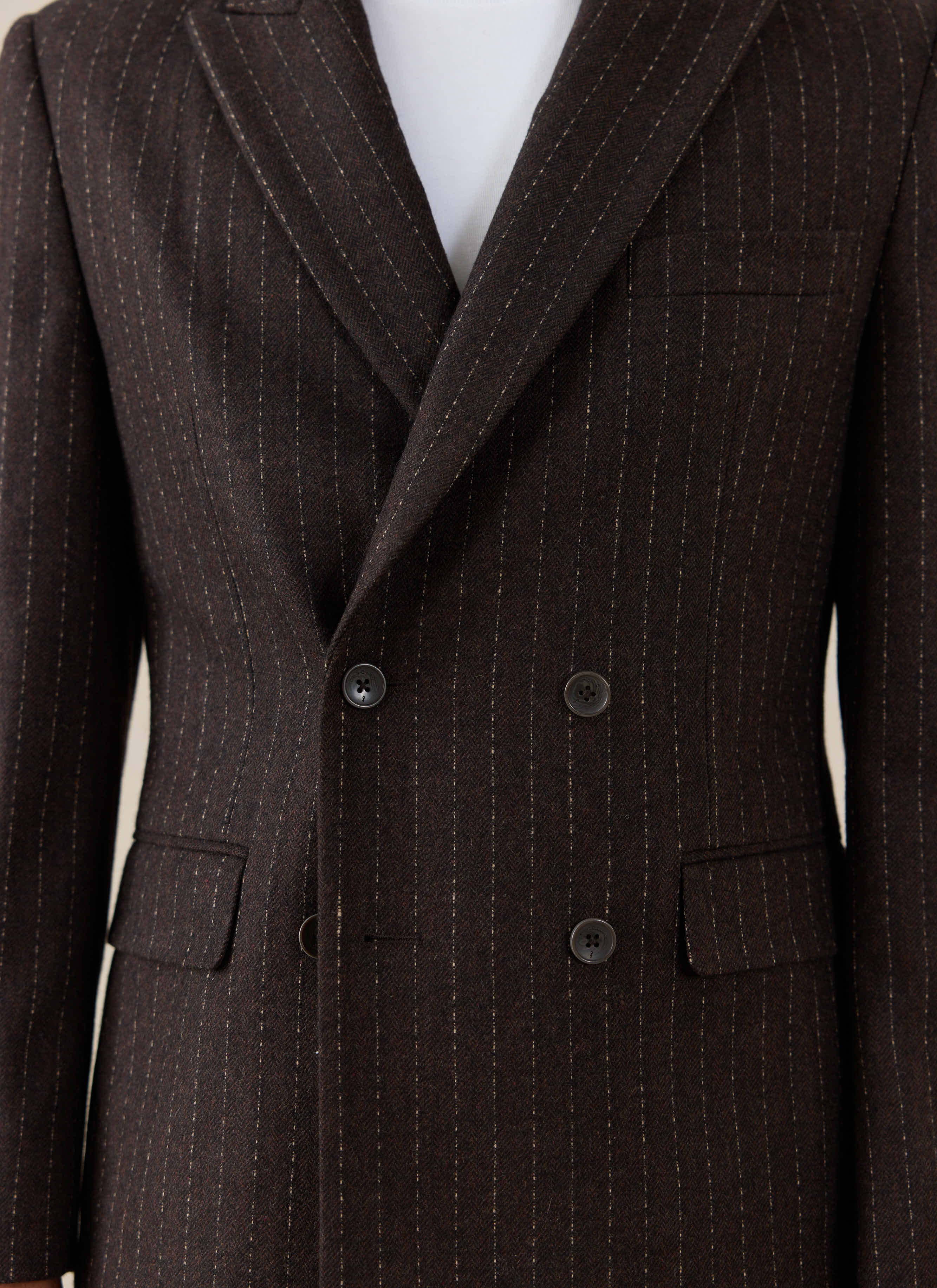 Percival Clifton Pinstripe Double Breasted Blazer in espresso wool, with a double-breasted front and pinstripe pattern.
