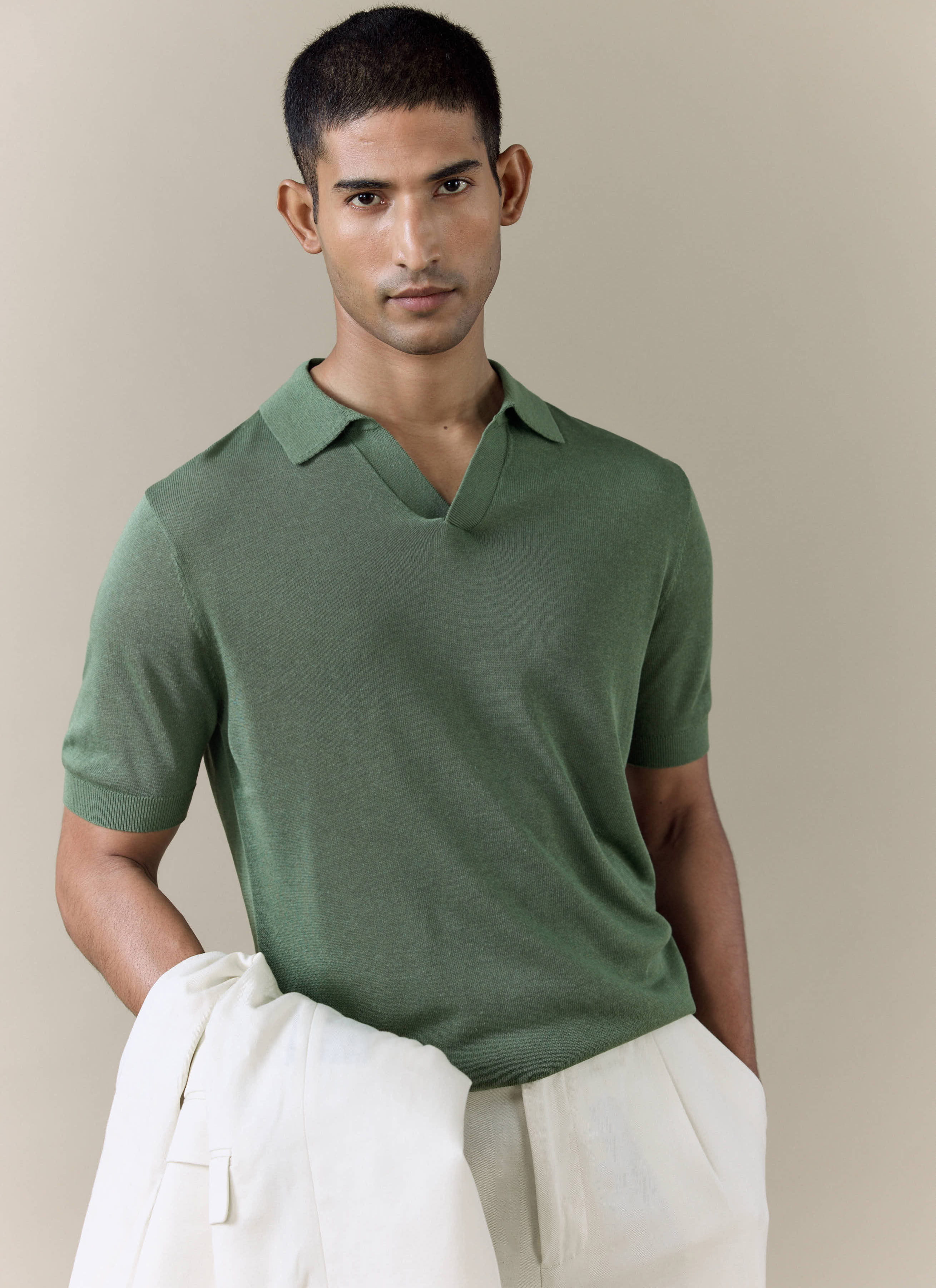 Men's Knitted Polo Shirt: Laurence | Open Collar | Forest Green