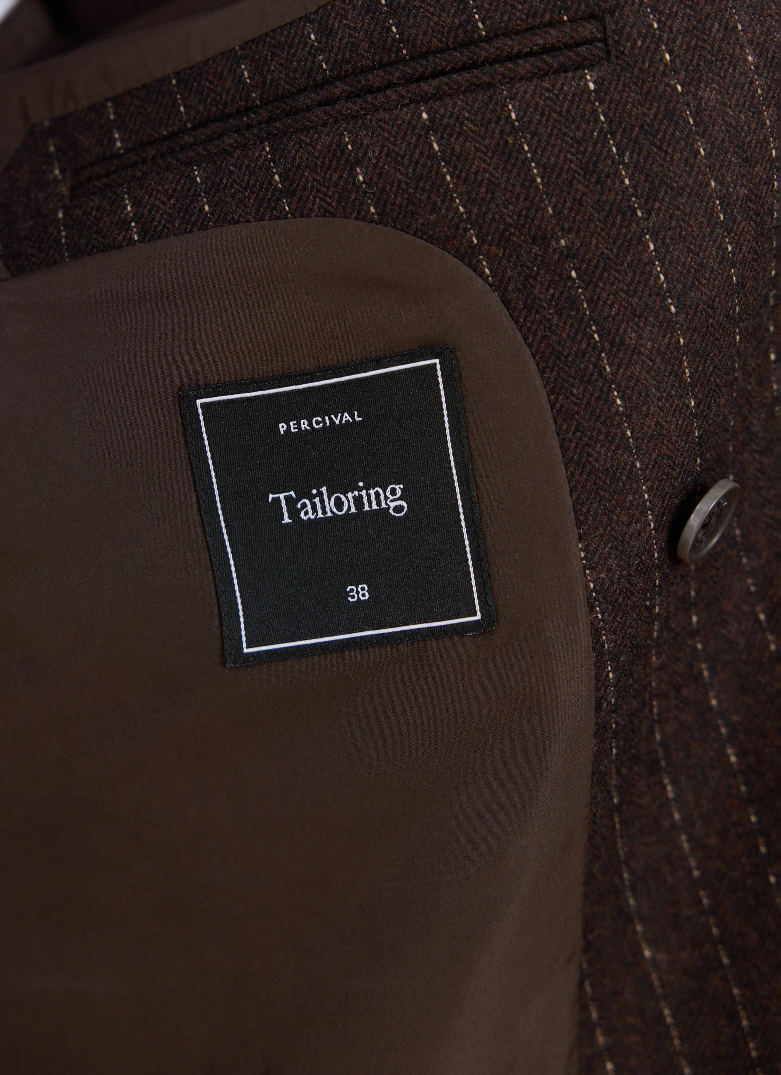 Percival Clifton Pinstripe Double Breasted Blazer interior tailoring label and espresso brown lining.