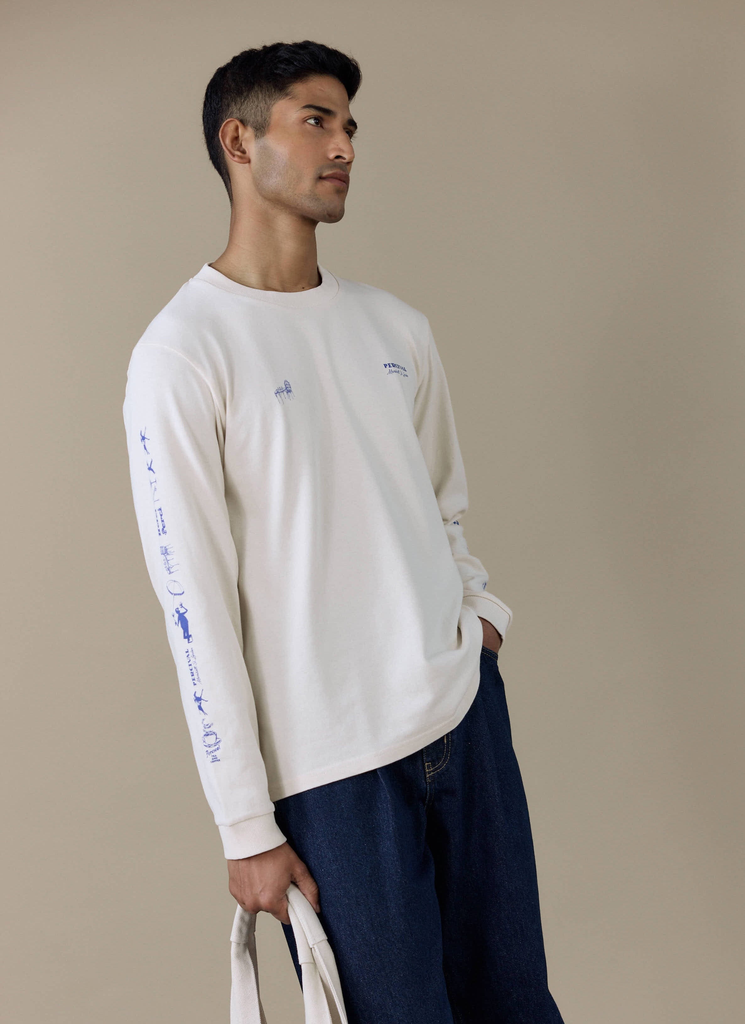 Men's Long Sleeve T Shirt - Fine Wines | Cotton | Cream | Percival