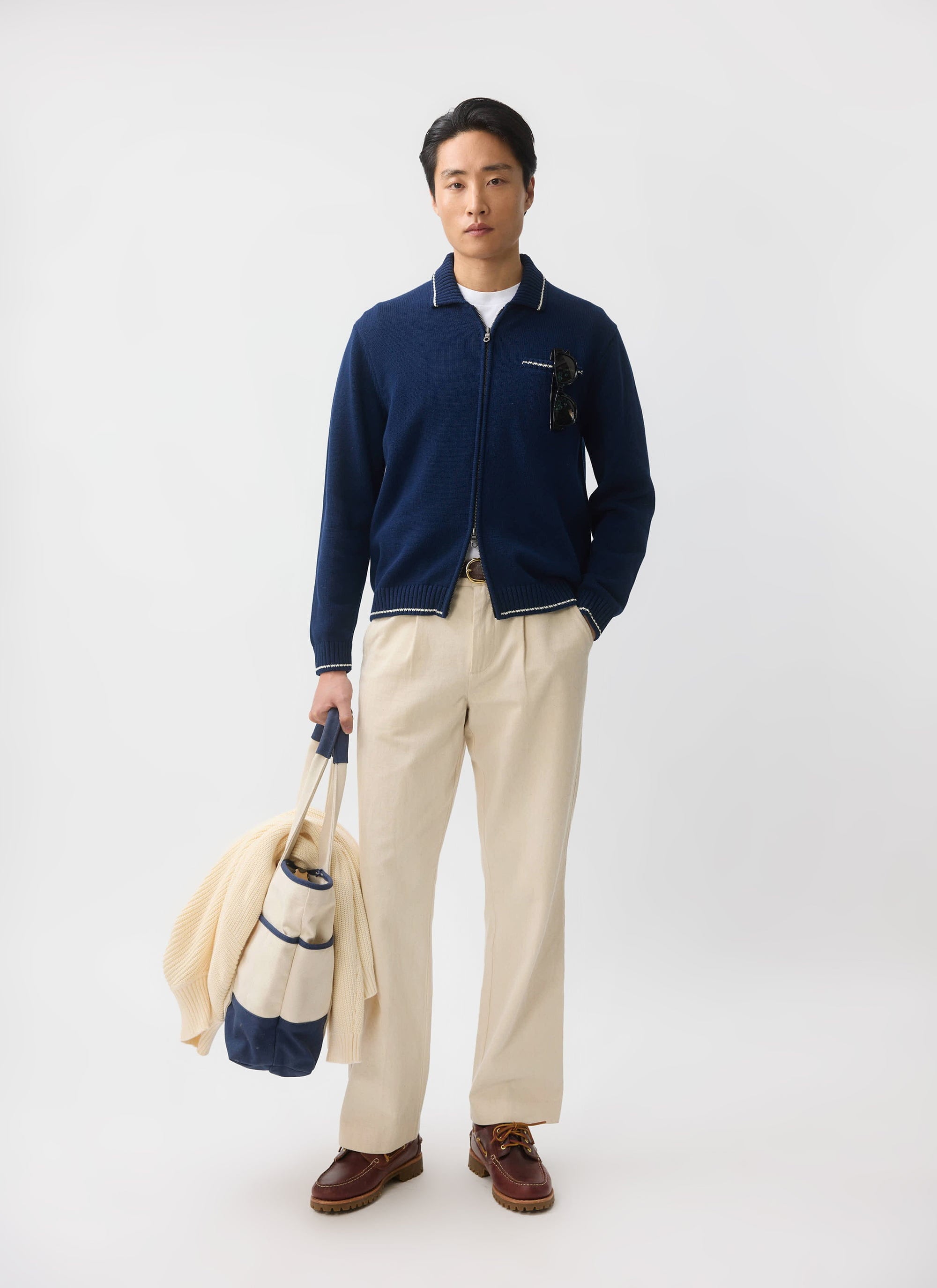 Men's Knitted Zip Up Cardigan | Cotton | Navy Blue | Percival Menswear