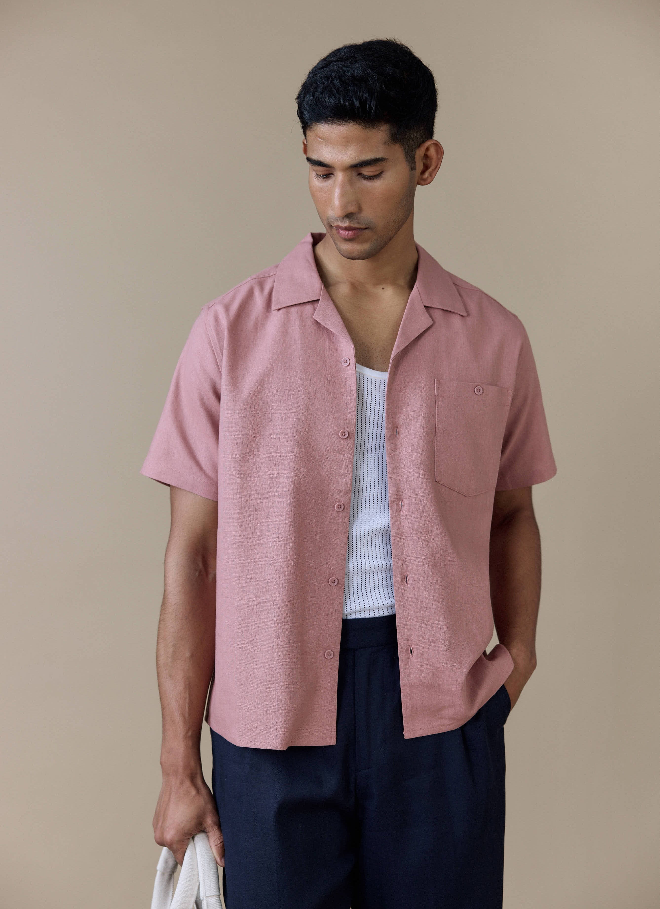 Men's Short Sleeve Cuban Shirt | Linen Blend | Dusty Pink