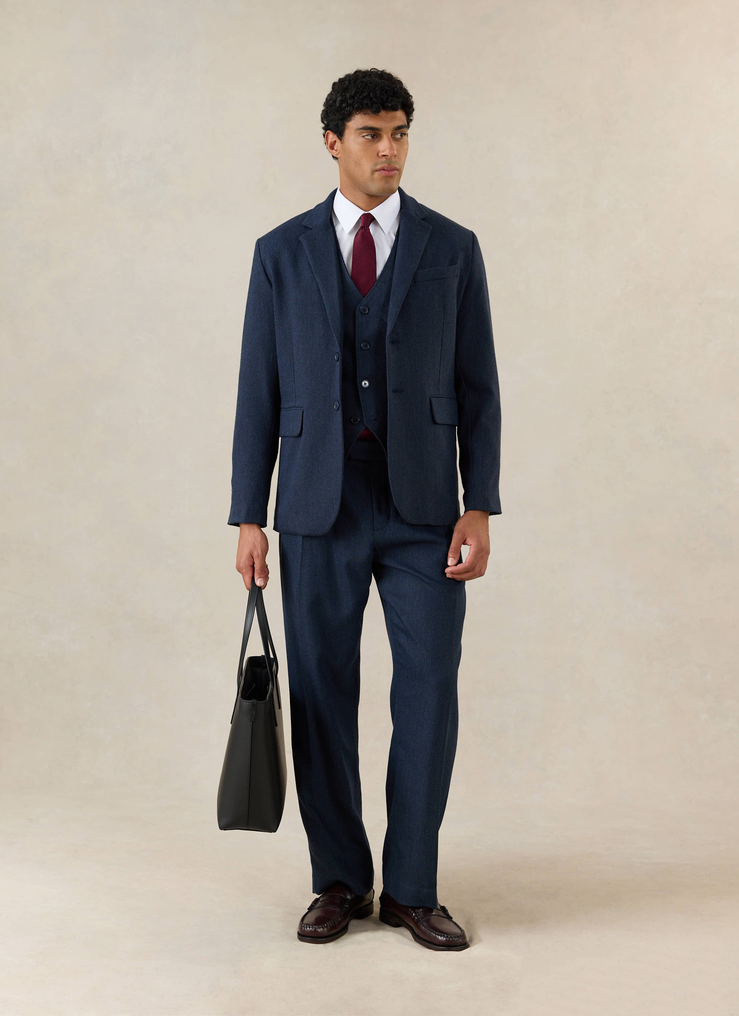 Percival Tailored Blazer, Percival Stanley Pleated Tailored Trousers and Percival Waistcoat in Navy Herringbone Wool.