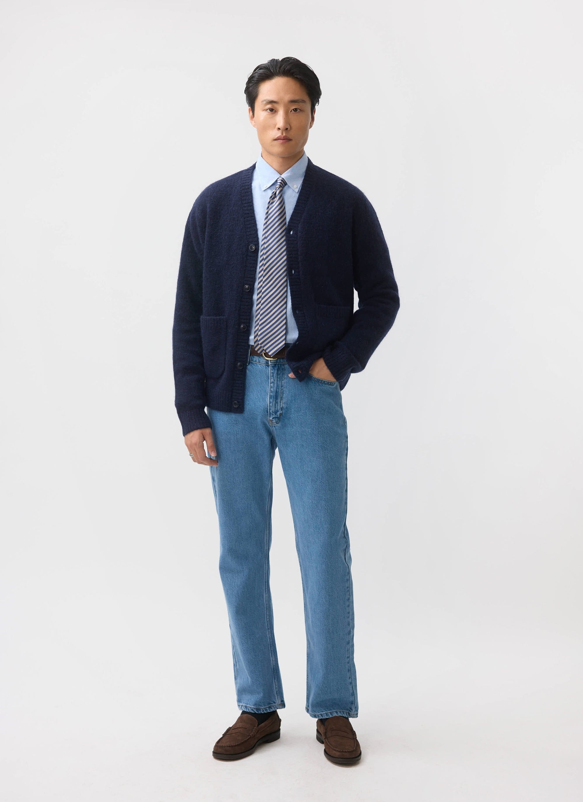 Men's Navy Mohair Cardigan | White Glove | Percival Menswear