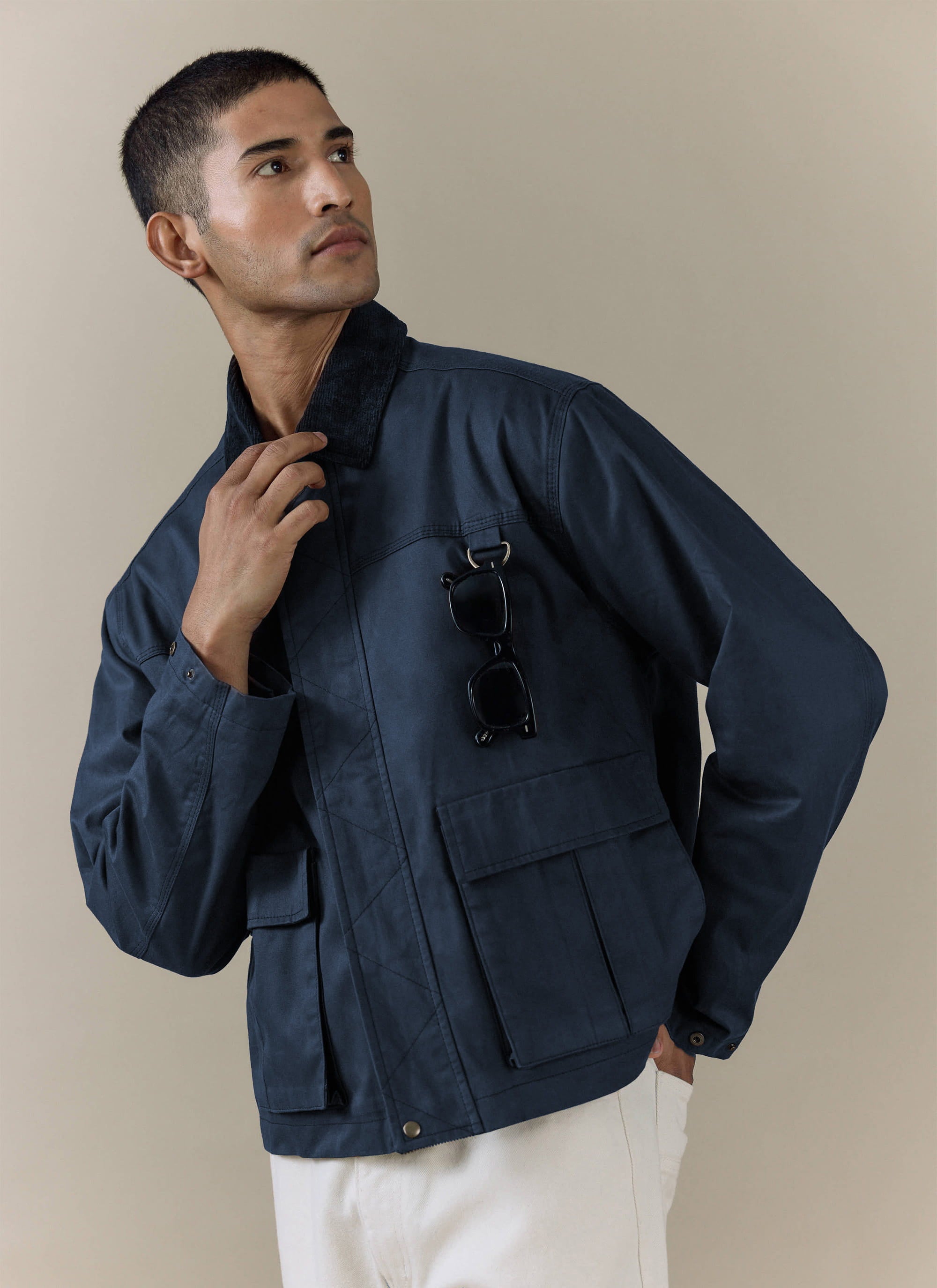Navy blue Percival Wax Zip Jacket in cotton, featuring a corduroy collar, large patch pockets and a zip front.