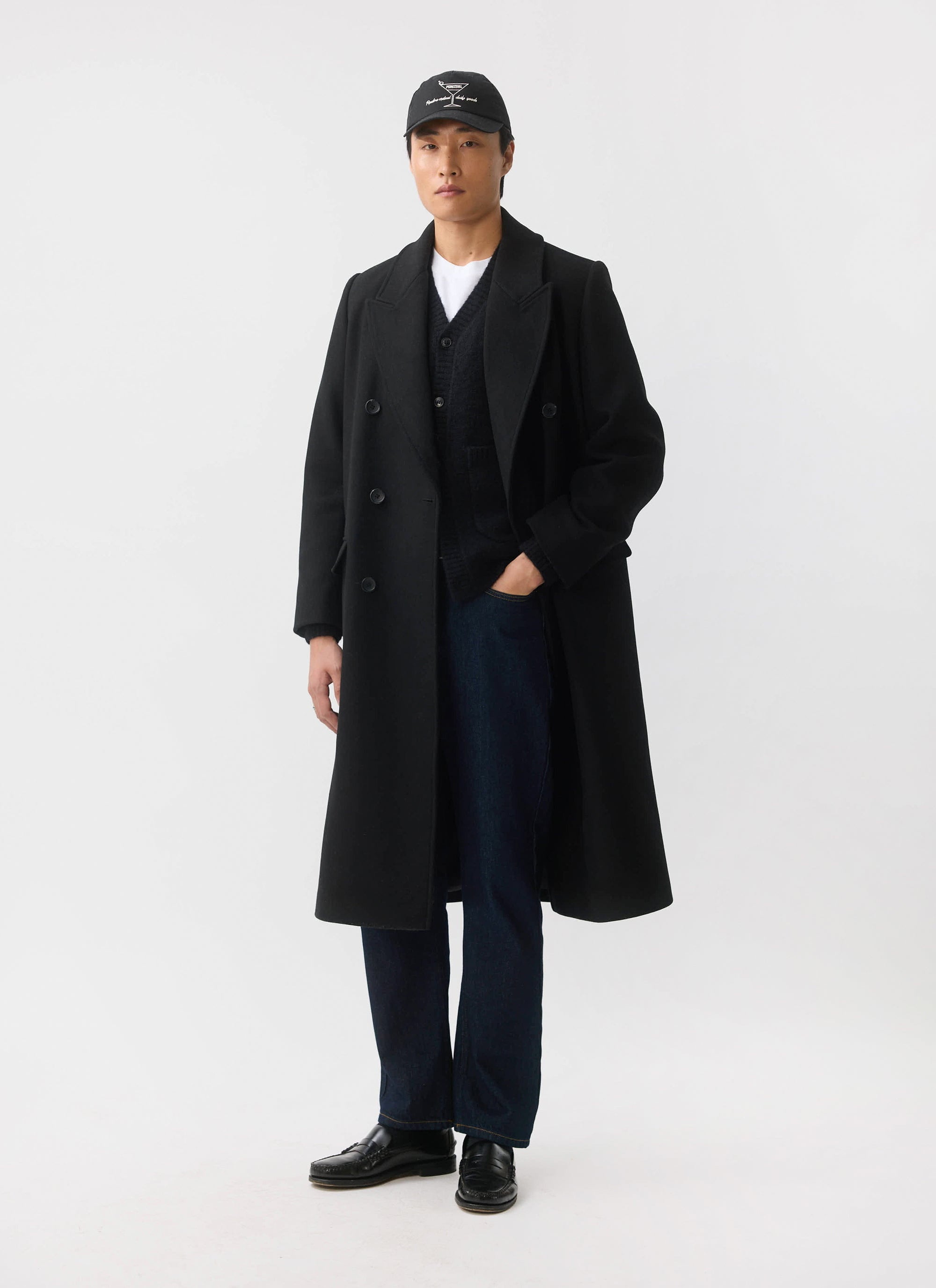Double Breasted Overcoat | Wool | Black | Percival Menswear