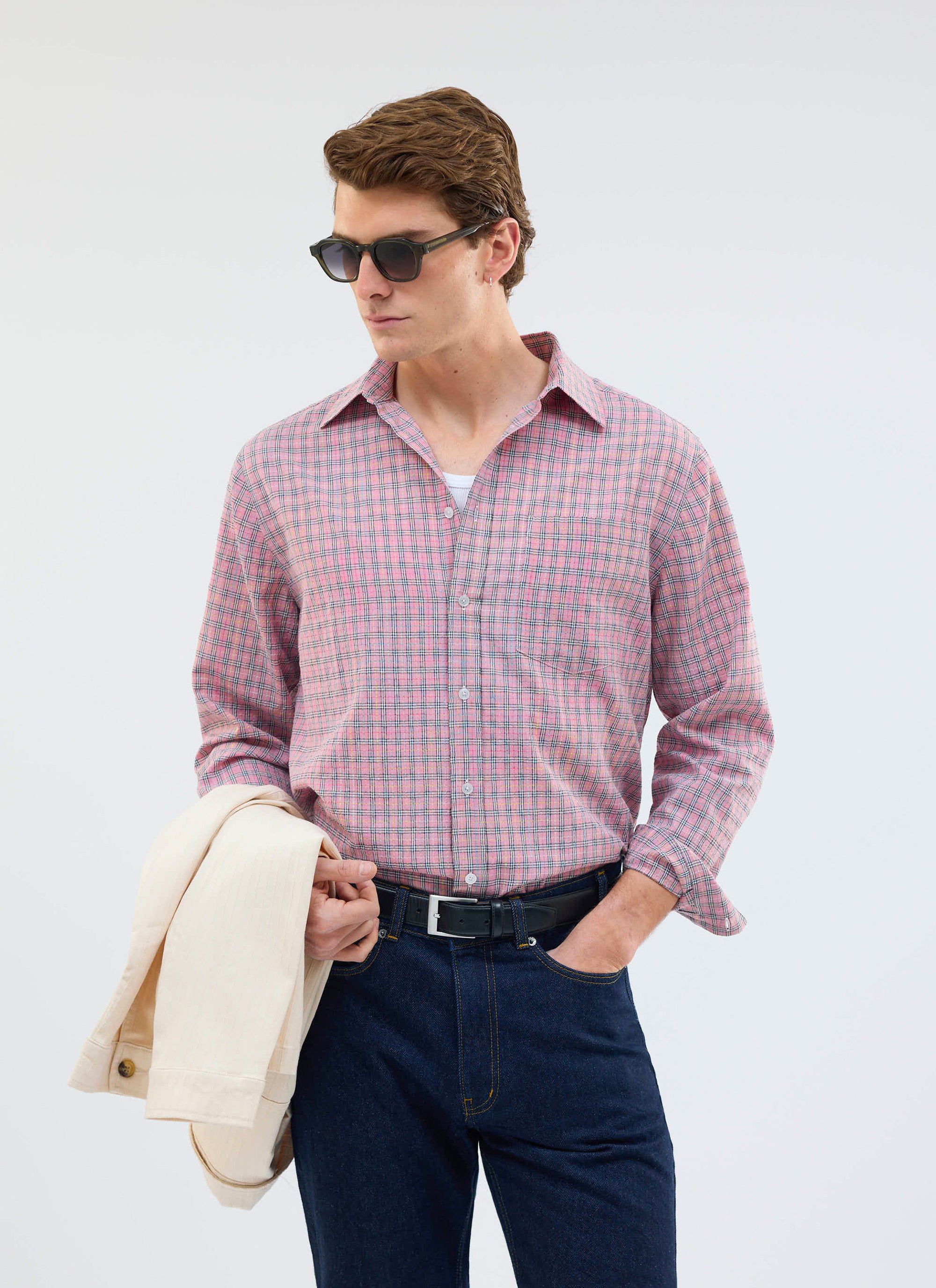 Men's Checked Long Sleeve Shirt | Cotton | Pink
