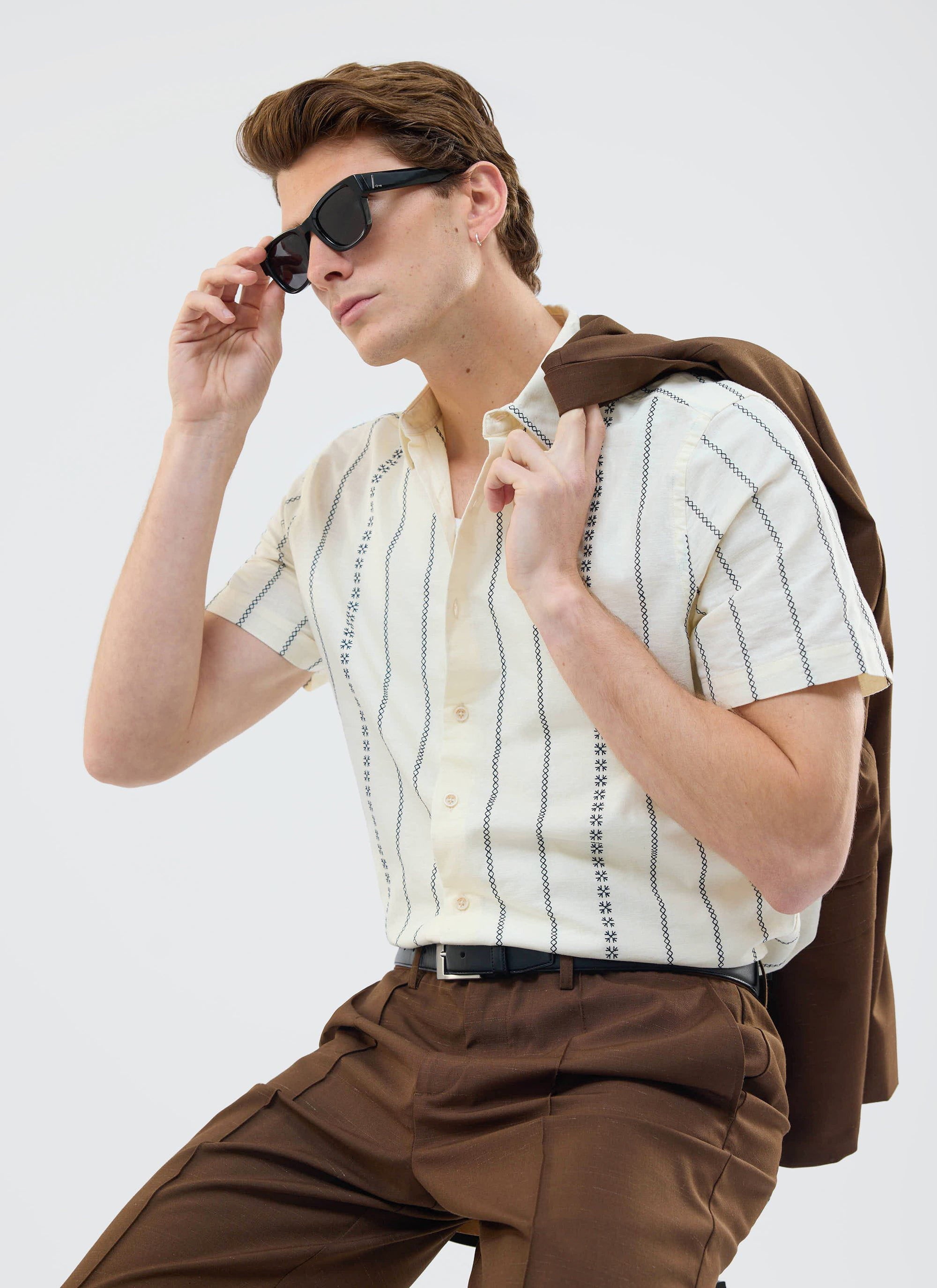 Men's Boxy Shirt with Cross Stitch | Ecru Cream | Percival Menswear