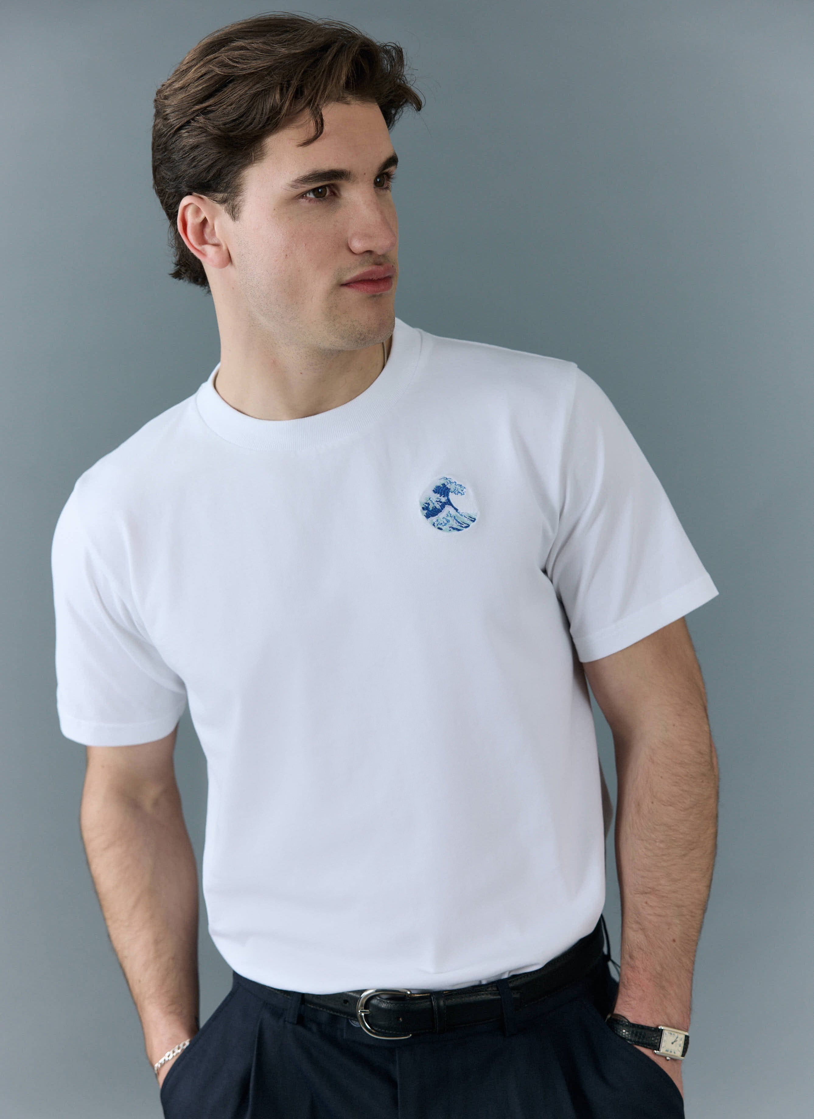Men's Embroidered T Shirt: Wave | Heavyweight Cotton | White