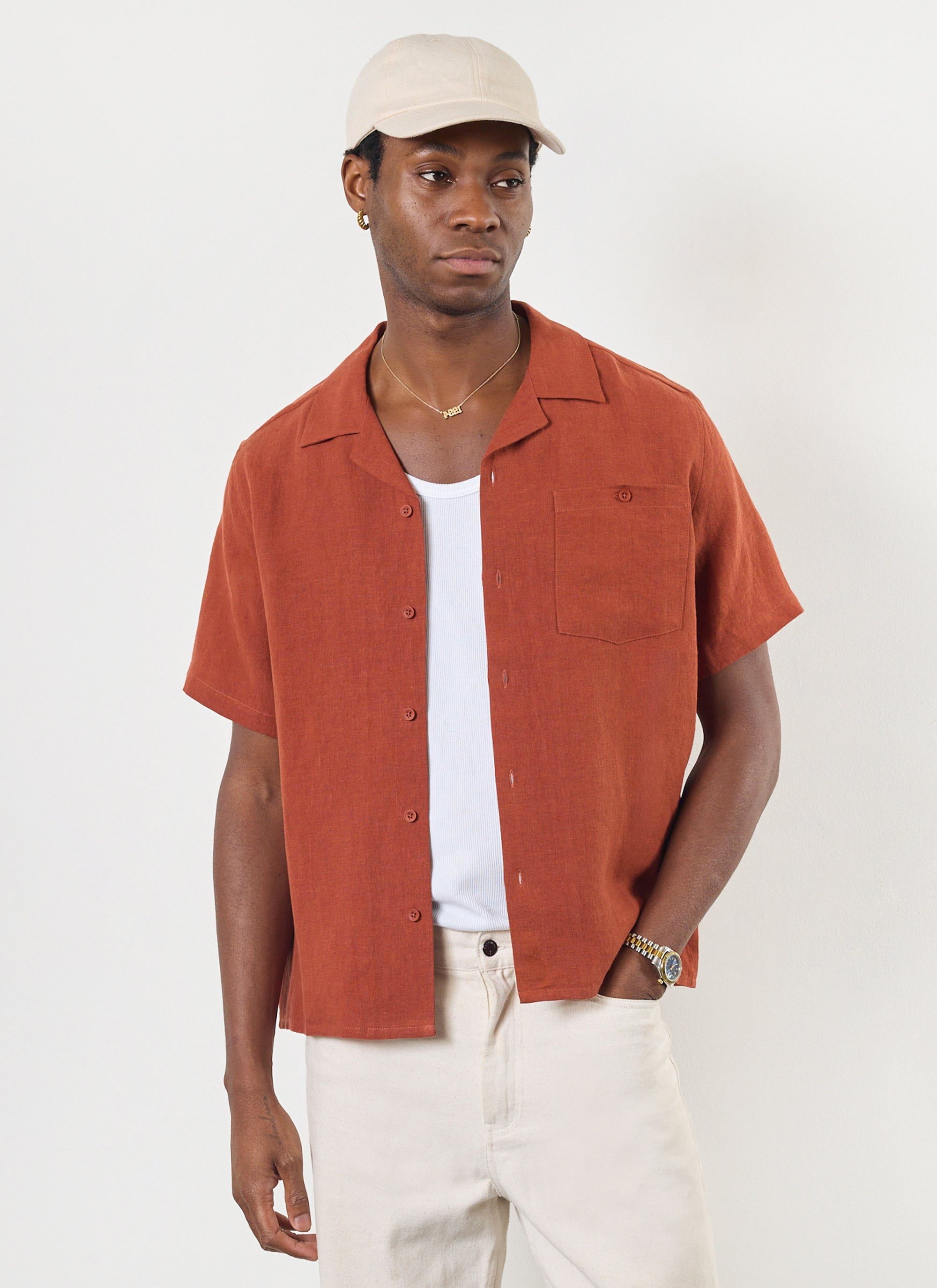 Men's Cuban Collar Shirt | Linen Shirt | Rust Red | Percival Menswear