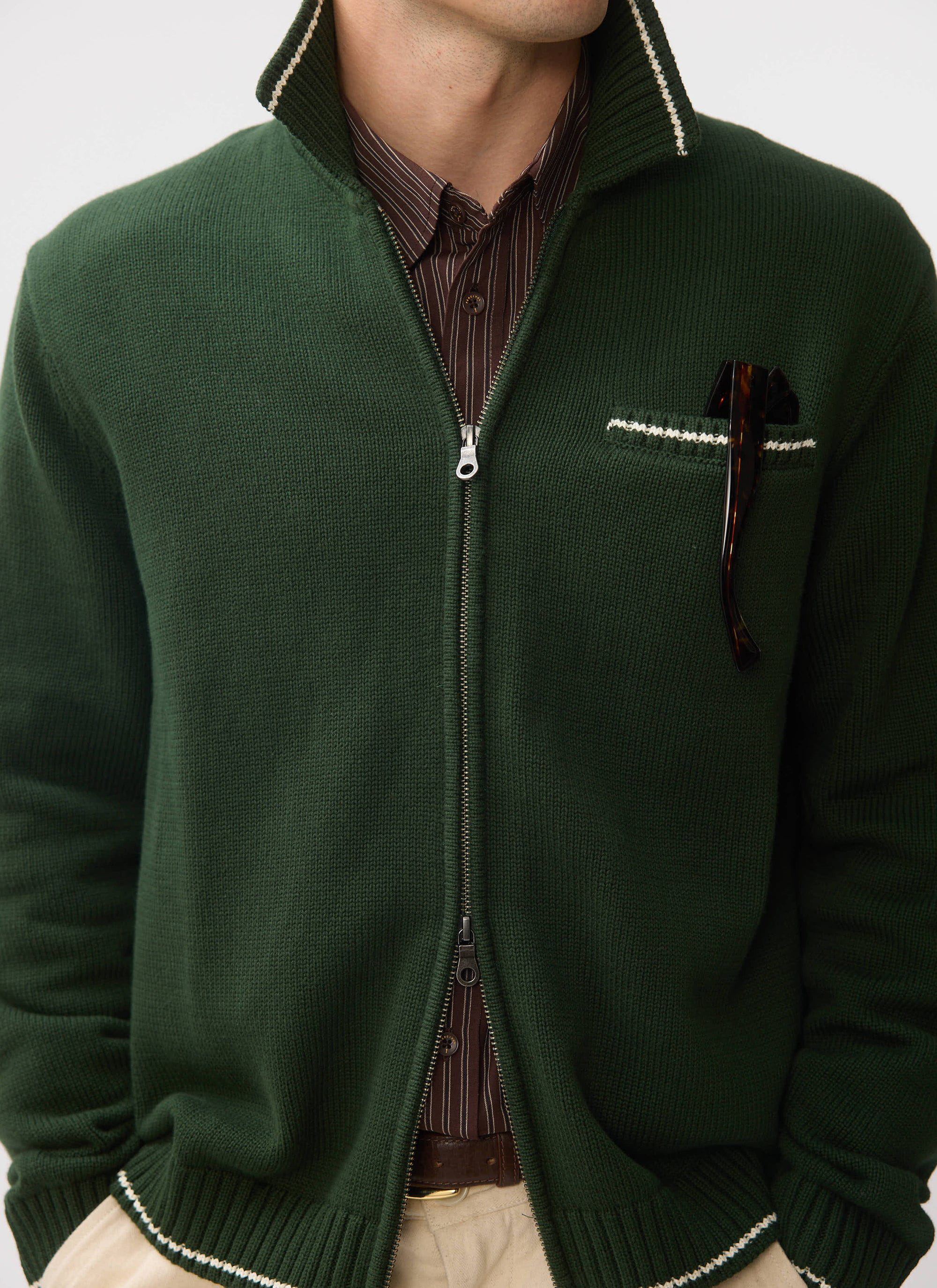 Men's Knitted Zip Up Cardigan | Cotton | Forest Green | Percival