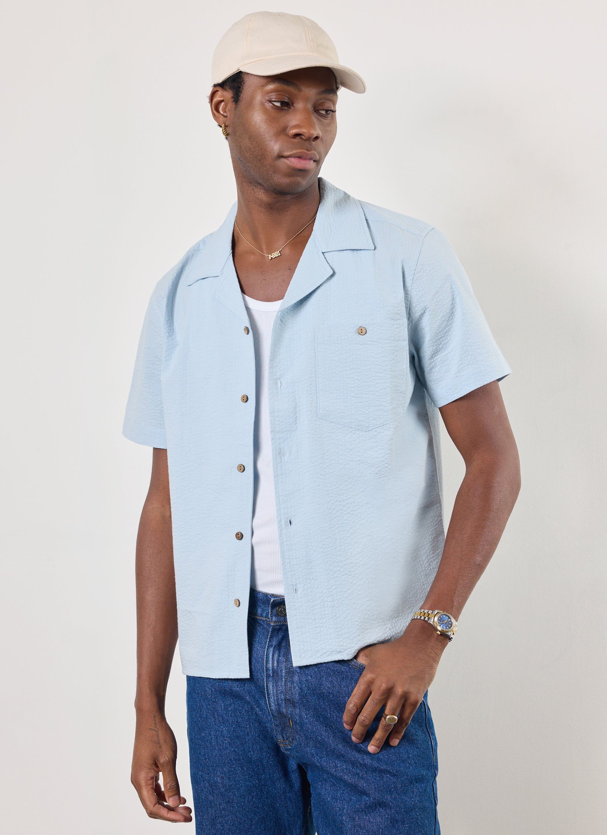 Cuban Shirt Seersucker Light Blue
