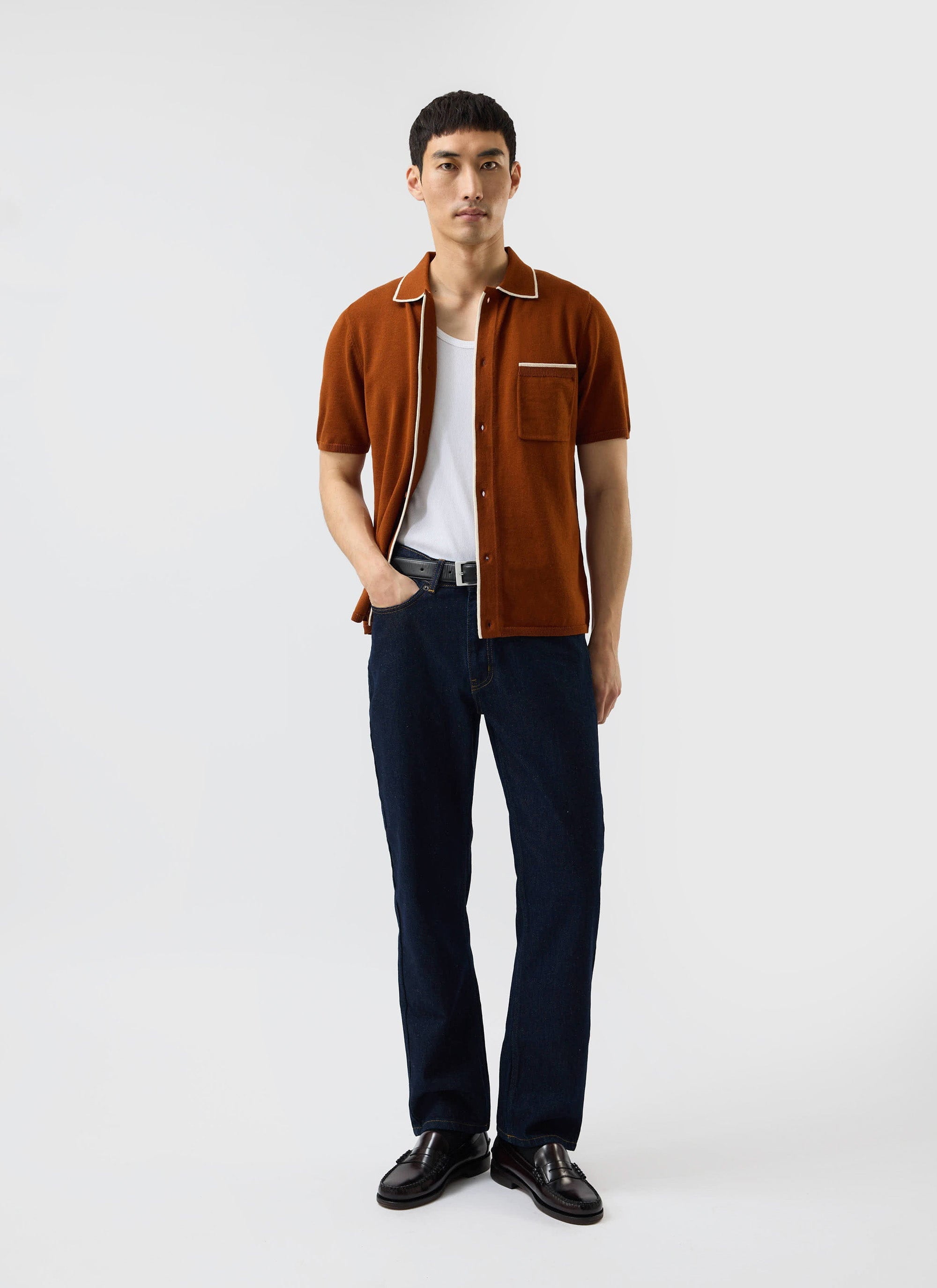 Men's Knitted Shirt: Contrast Trim | Wool | Rust Red | Percival