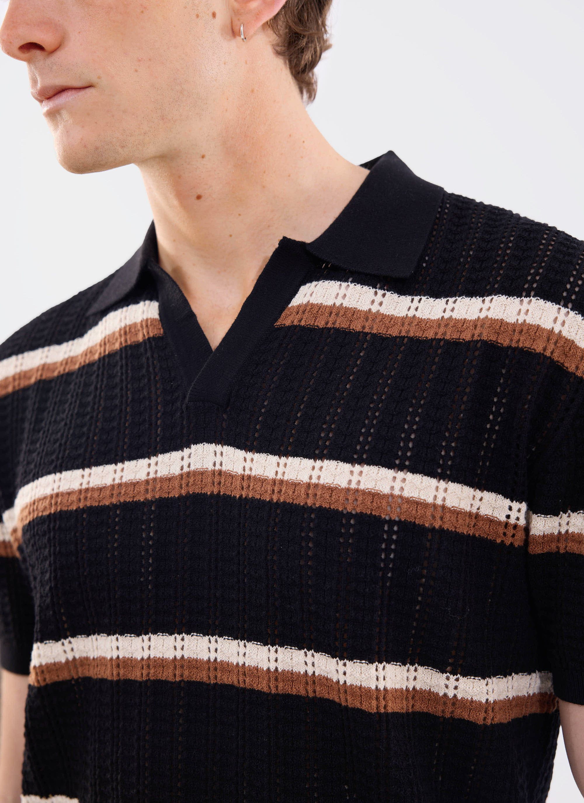 Men's Ribbed Knitted Polo Shirt: Tessaro | Black Stripe | Percival