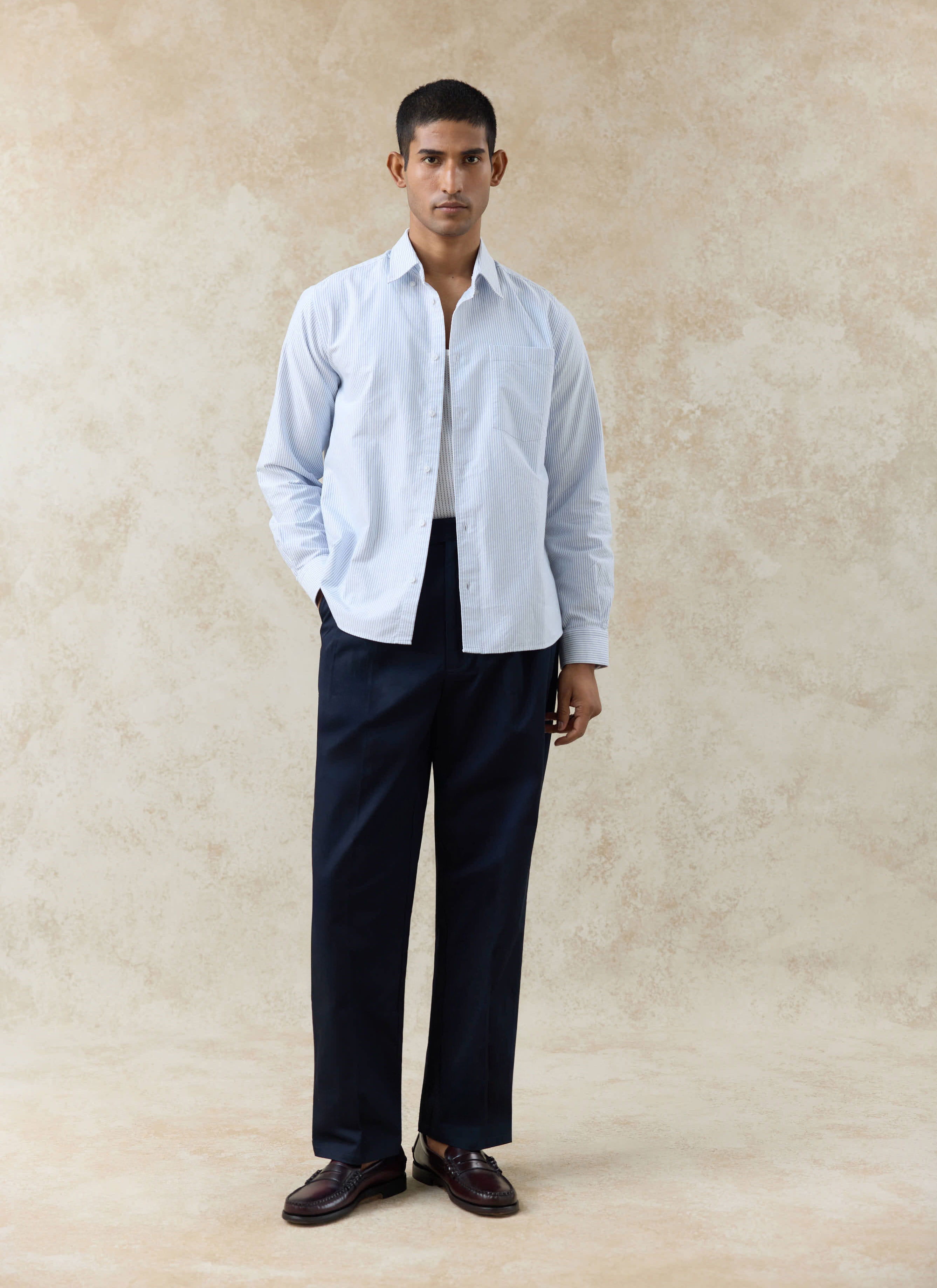 Model wears the Percival blue pinstripe cotton Oxford shirt paired with navy trousers and dark leather loafers.