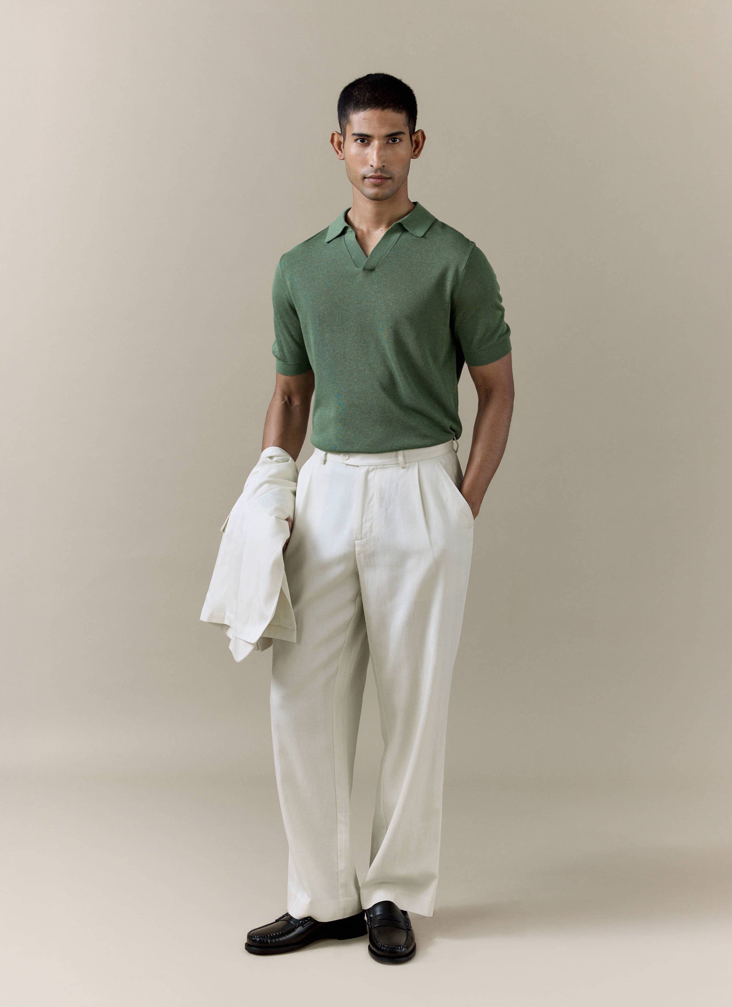 Men's Knitted Polo Shirt: Laurence | Open Collar | Forest Green