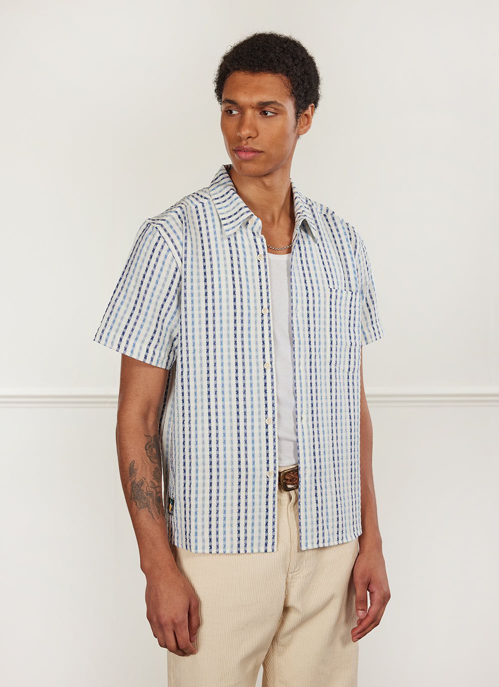 Men's Boxy Clerk Shirt | Short Sleeve | Stripe Seersucker | Blue