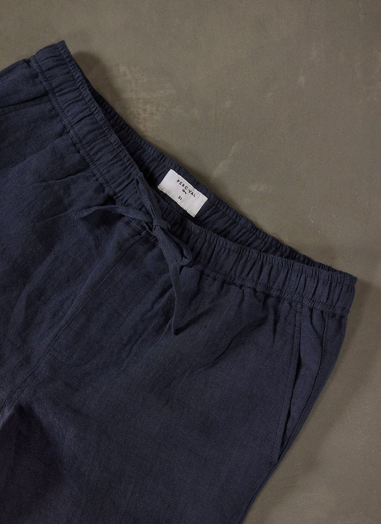 Men's Linen Casual Everyday Trousers | Navy Drawstring & Percival Menswear