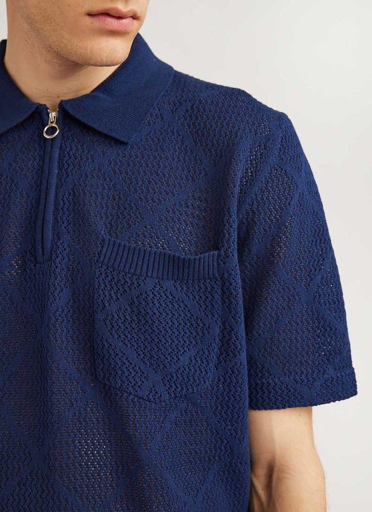 Men's Knitted Zip Polo Shirt | Nawa | Navy | Percival Menswear